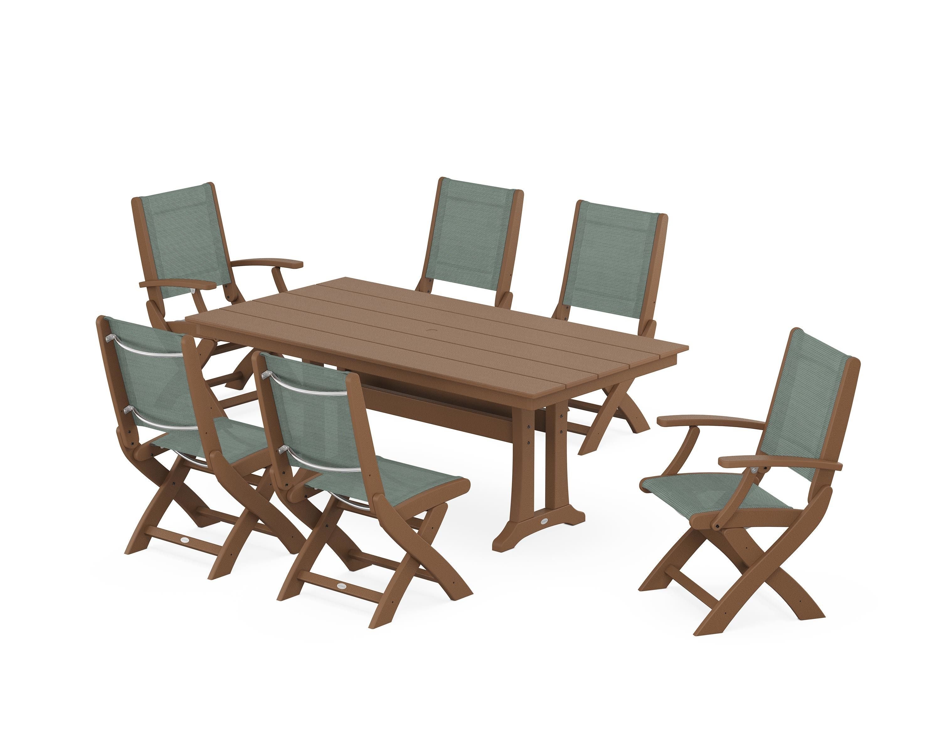 POLYWOOD® Coastal Folding Chair 7-Piece Farmhouse Dining Set with Trestle Legs in Teak / Dupioni Sea Mist Sling