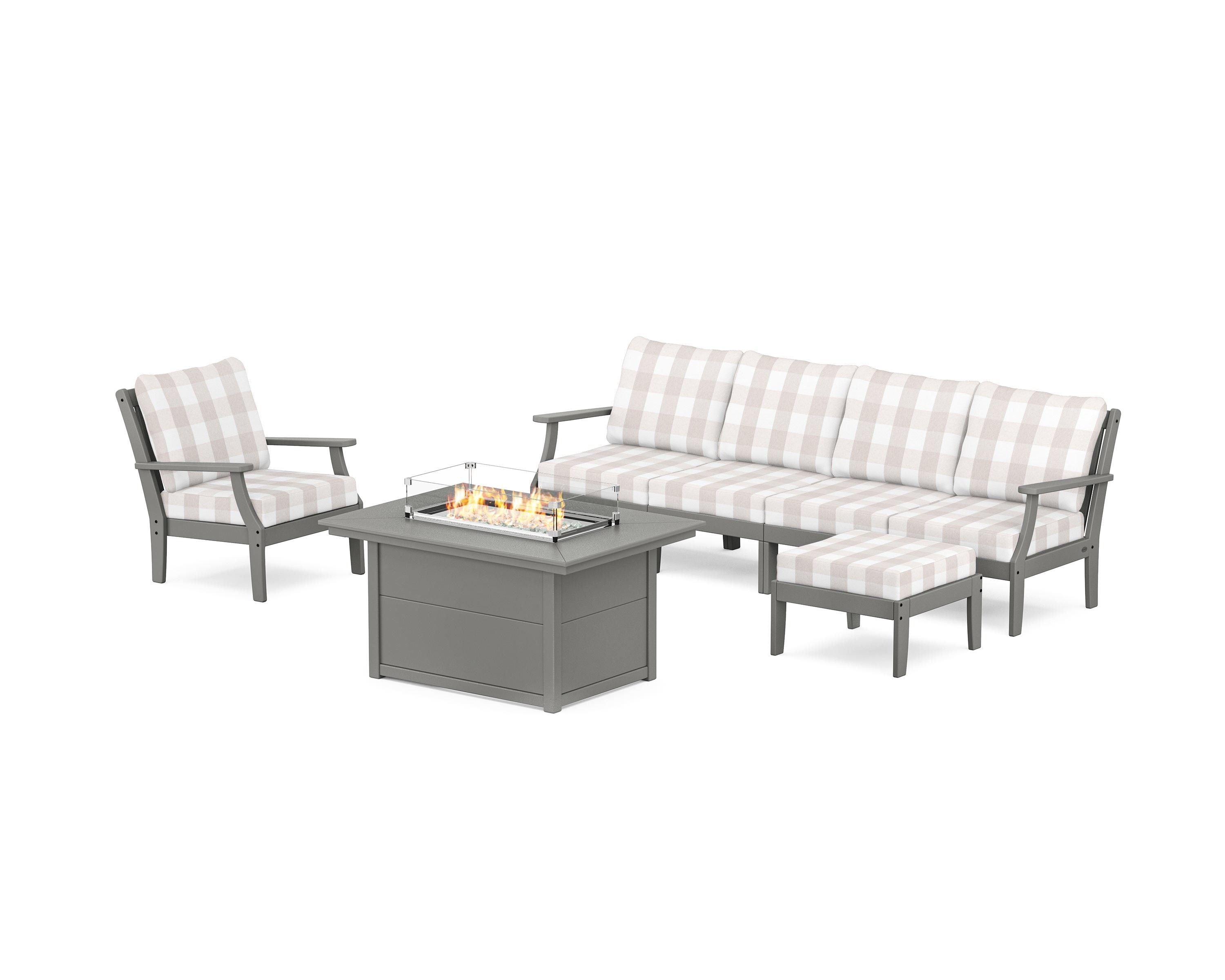 POLYWOOD® Braxton Sectional Lounge and Fire Pit Set in Slate Grey / Buffalo Plaid Dune Burlap