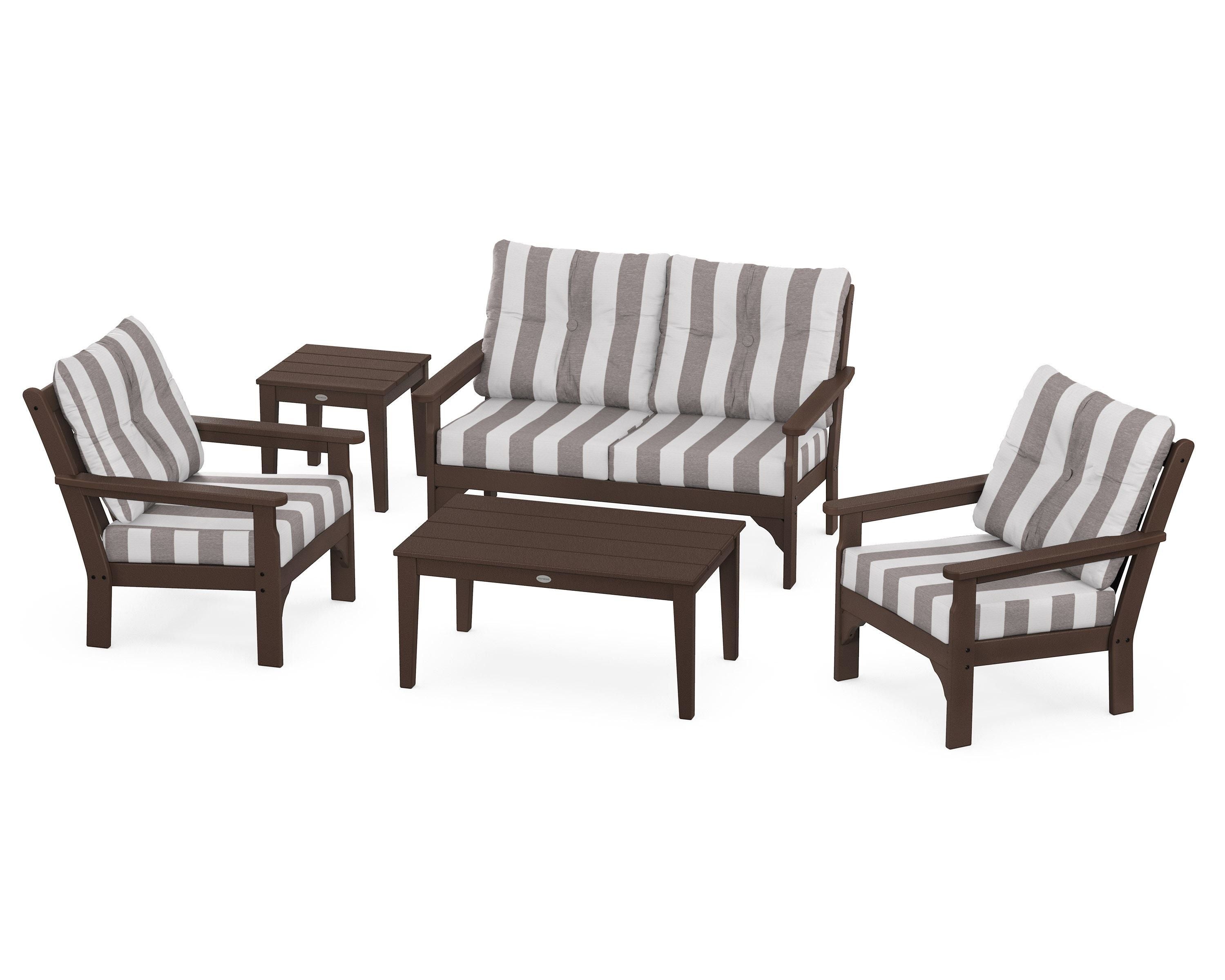 POLYWOOD® Vineyard 5-Piece Deep Seating Set in Mahogany / Cabana Stripe Grey Mist