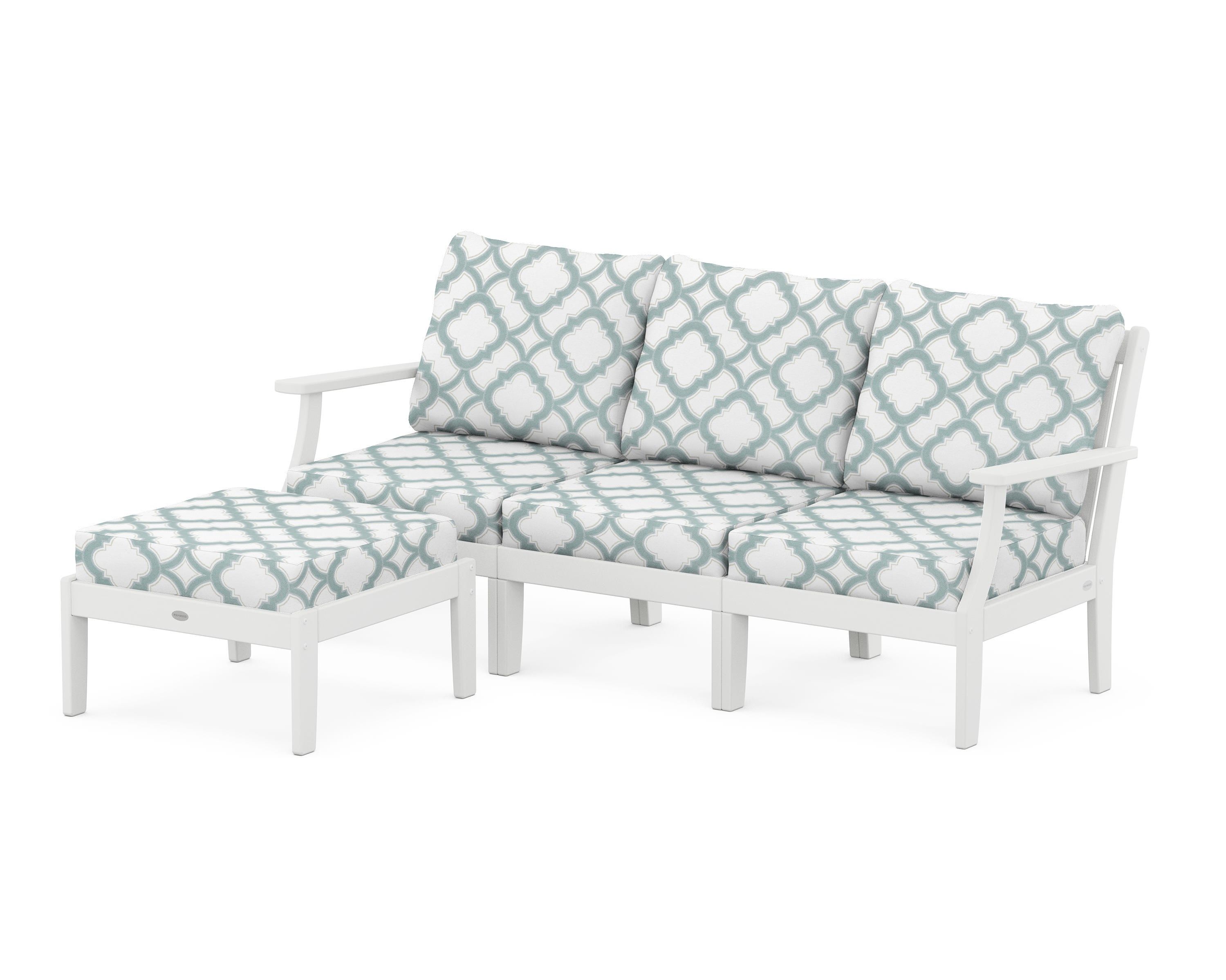 POLYWOOD® Braxton Modular 4-Piece Deep Seating Set with Ottoman in White / Trellis Glacier Spa