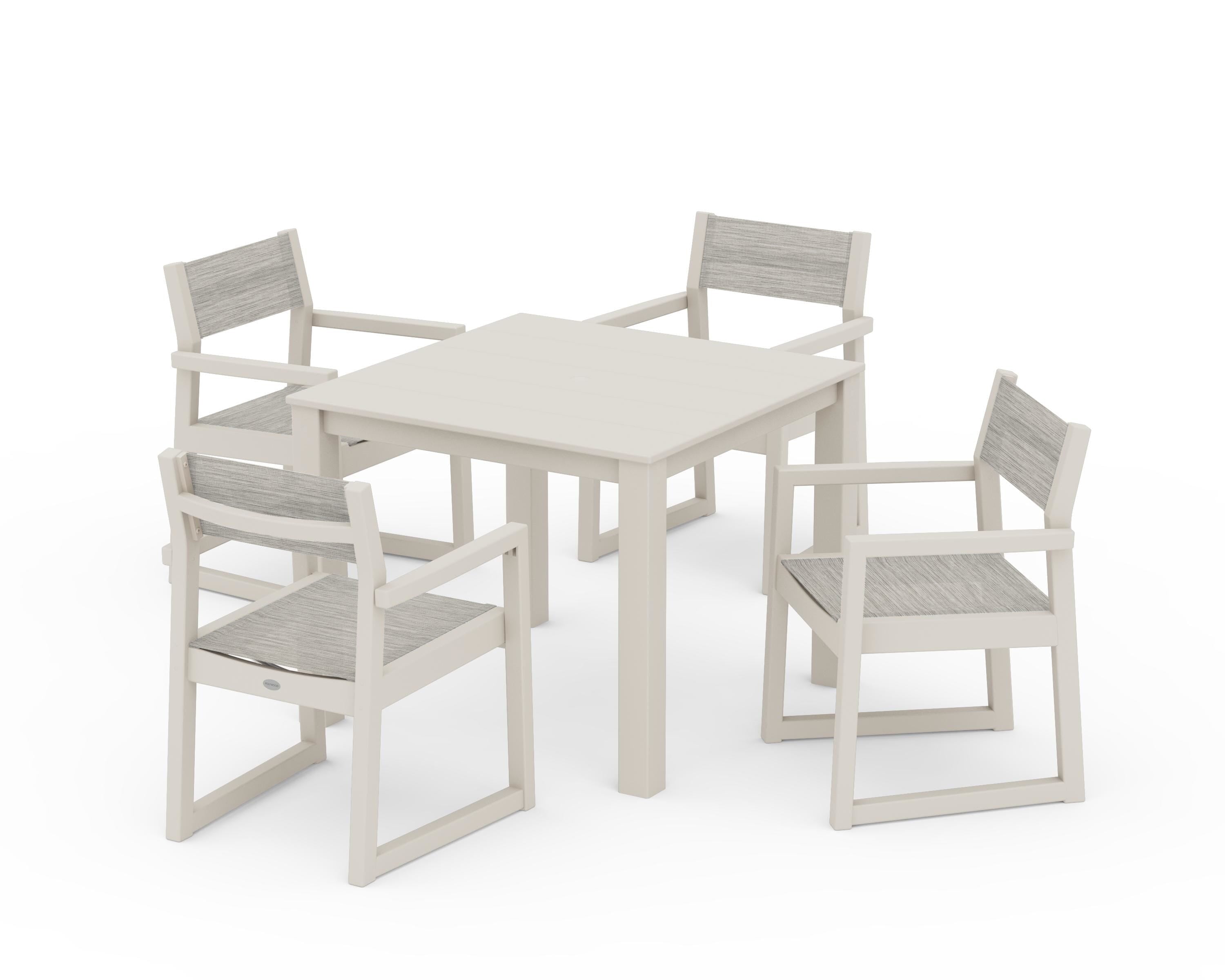 POLYWOOD® EDGE Sling Arm Chair 5-Piece Parsons Dining Set in Sand / Birch Sling