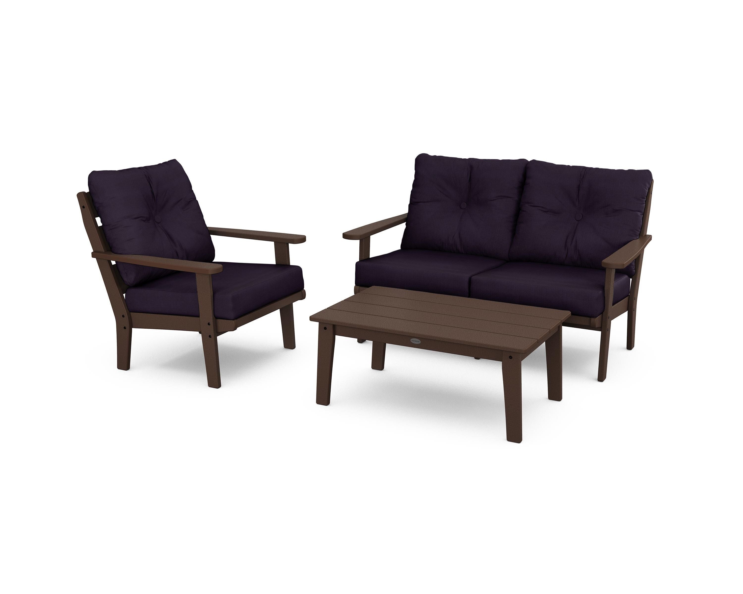 POLYWOOD® Lakeside 3-Piece Deep Seating Set in Mahogany / Navy Linen