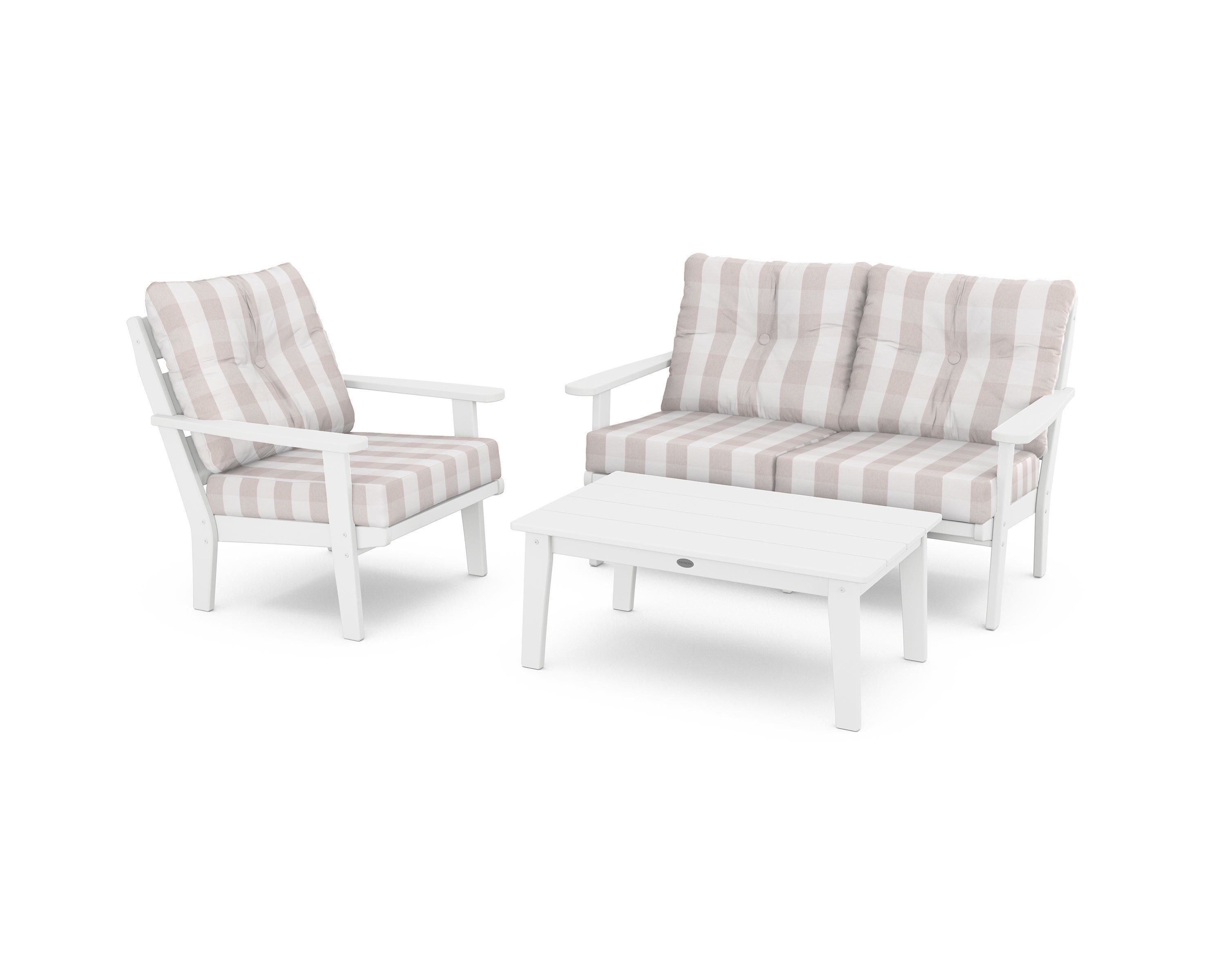 POLYWOOD® Lakeside 3-Piece Deep Seating Set in White / Buffalo Plaid Dune Burlap