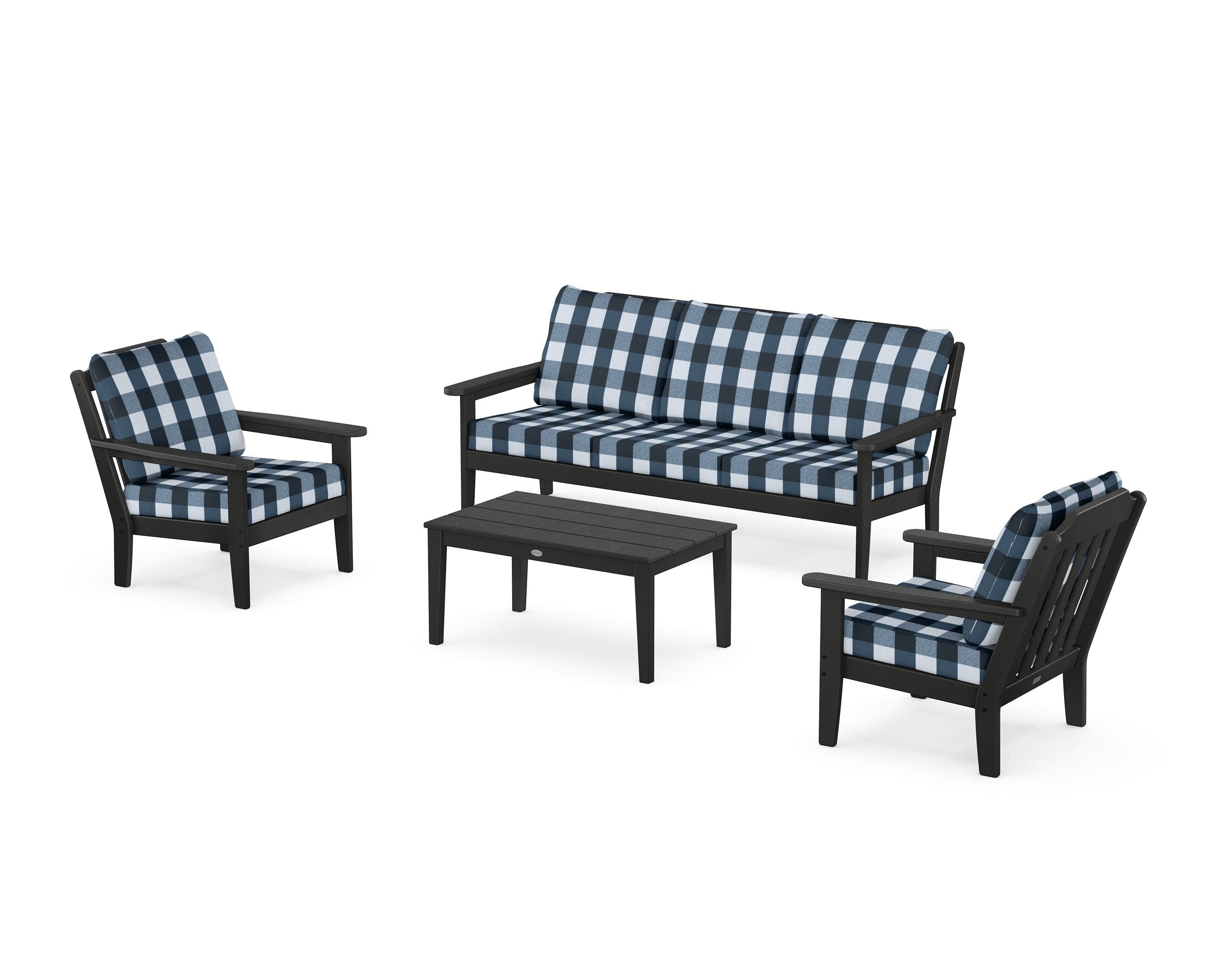Country Living Cottage 4-Piece Deep Seating Set with Sofa in Black / Buffalo Plaid Marine Indigo