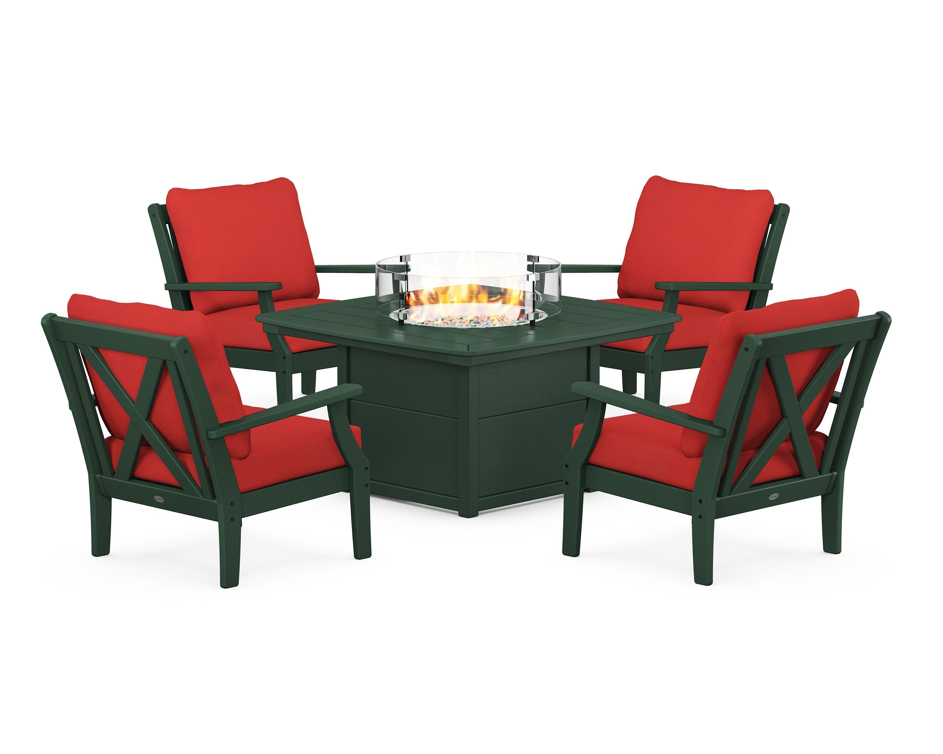 POLYWOOD® Braxton 5-Piece Deep Seating Conversation Set with Fire Pit Table in Green / Crimson Linen