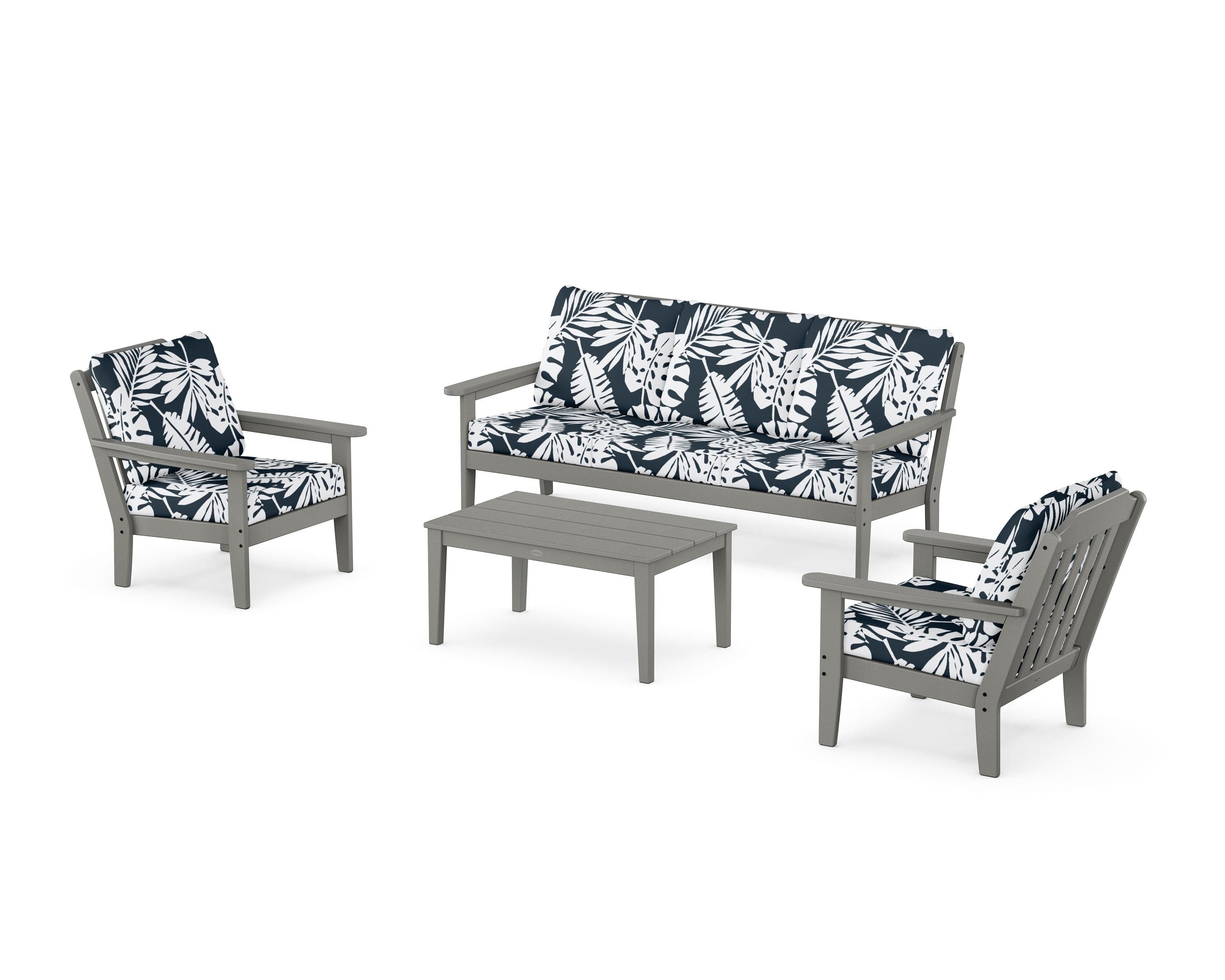 Country Living Cottage 4-Piece Deep Seating Set with Sofa in Slate Grey / Leaf Marine Indigo