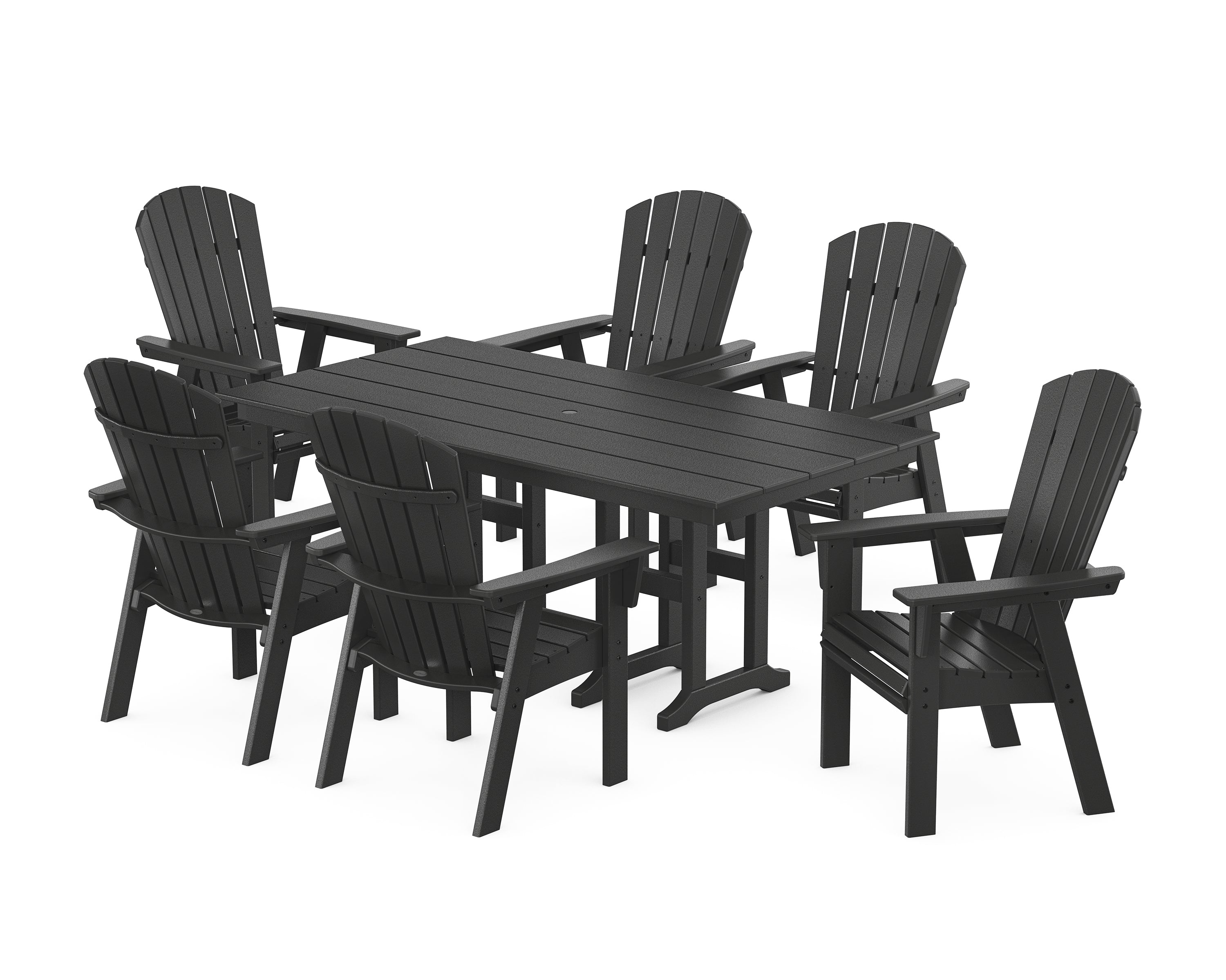 POLYWOOD® Nautical Curveback Adirondack 7-Piece Farmhouse Dining Set in Black