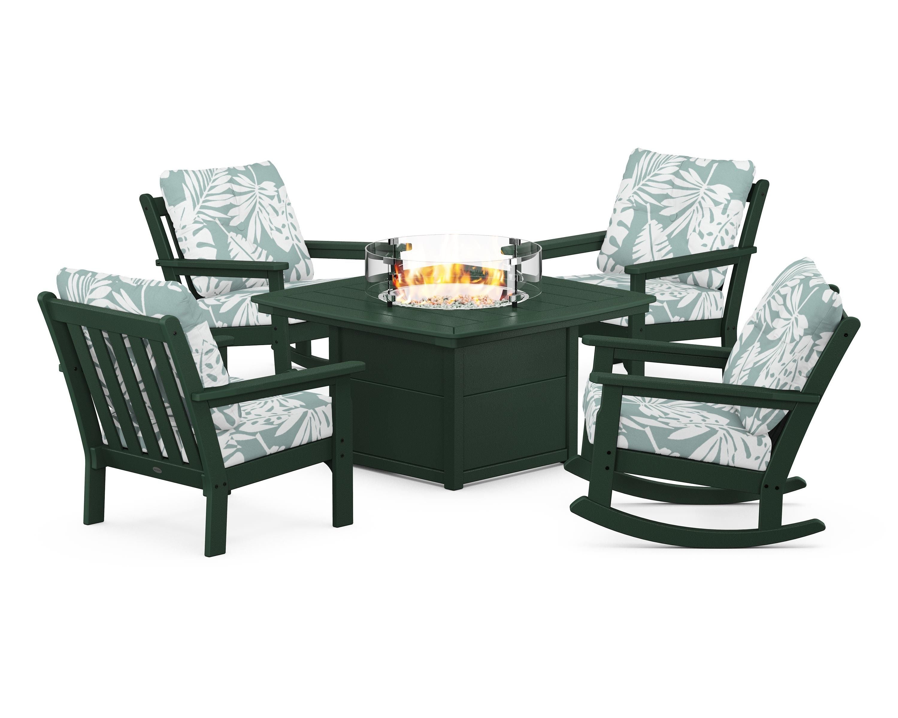 POLYWOOD® Vineyard 5-Piece Deep Seating Rocking Chair Conversation Set with Fire Pit Table in Green / Leaf Glacier Spa