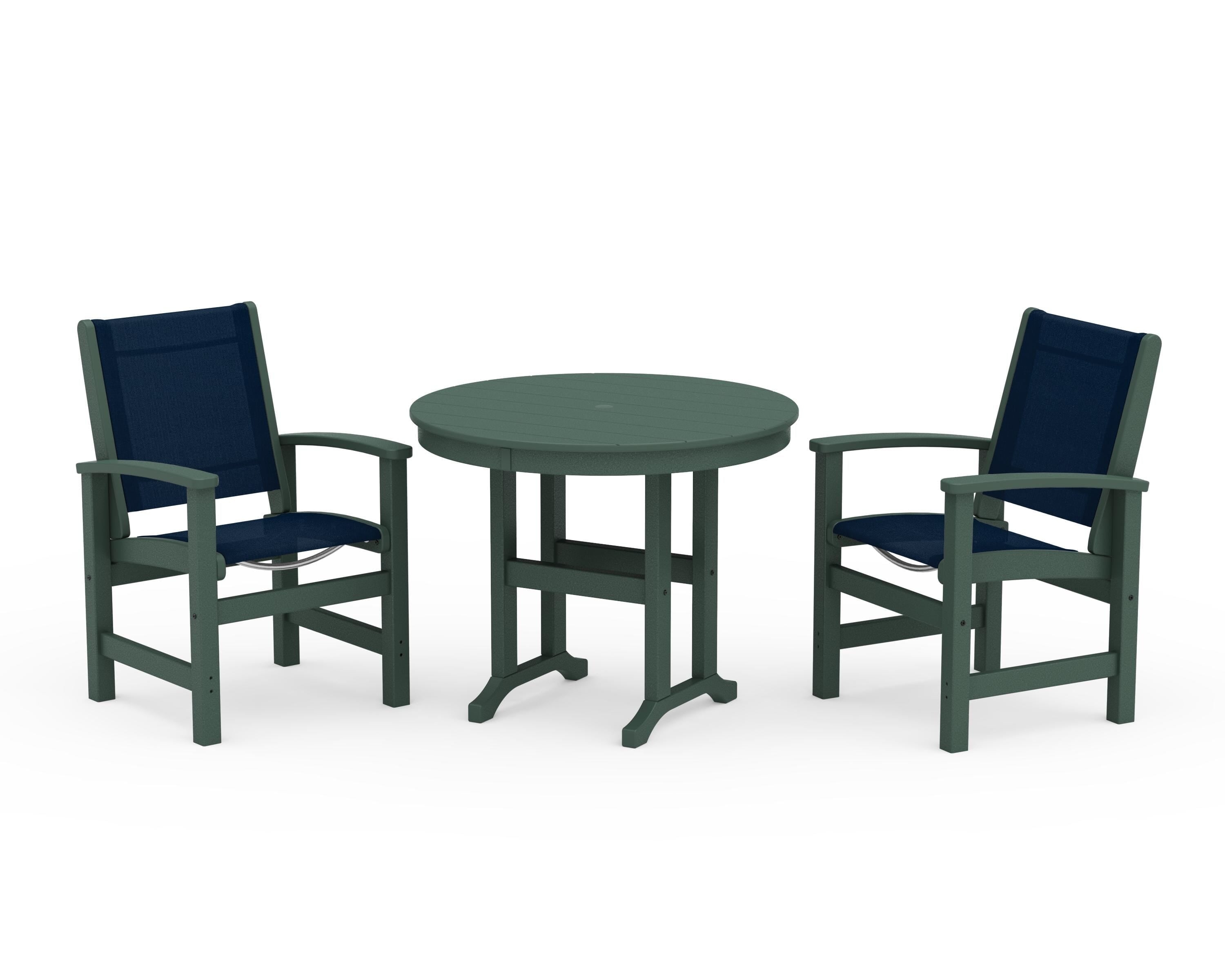 POLYWOOD® Coastal 3-Piece Round Dining Set in Green / Navy Blue Sling
