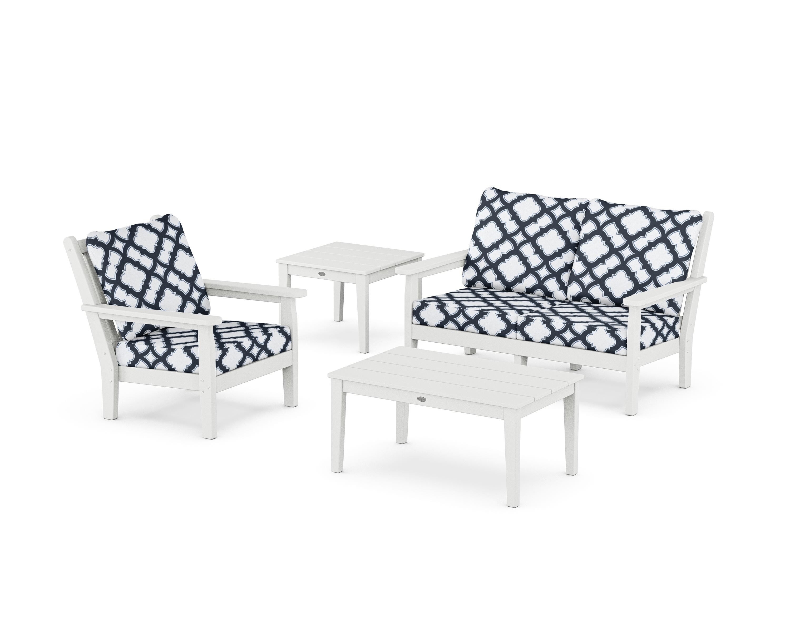 POLYWOOD® Chippendale 4-Piece Deep Seating Set in White / Trellis Marine Indigo
