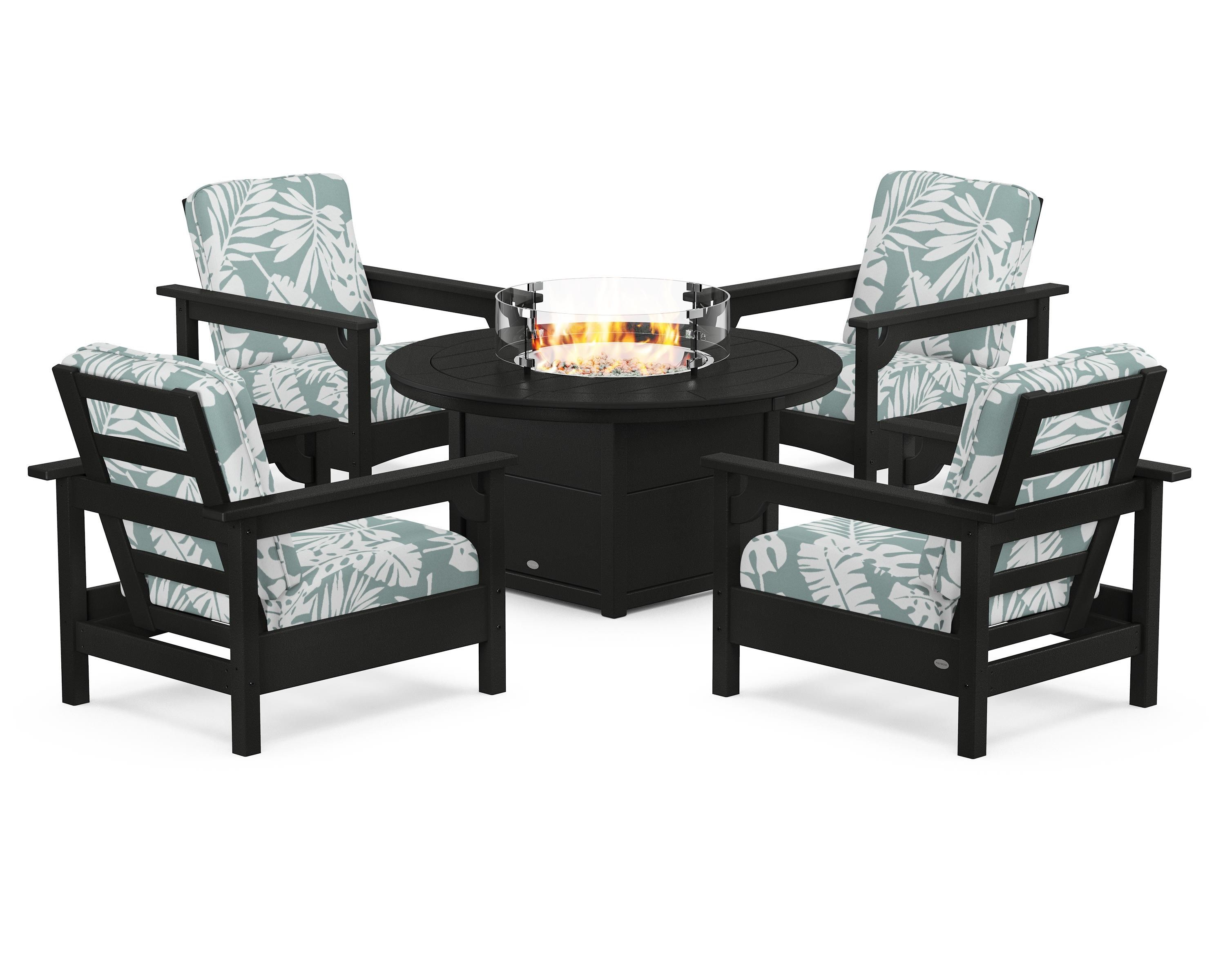 POLYWOOD® Club 5-Piece Conversation Set with Fire Pit Table in Black / Leaf Glacier Spa