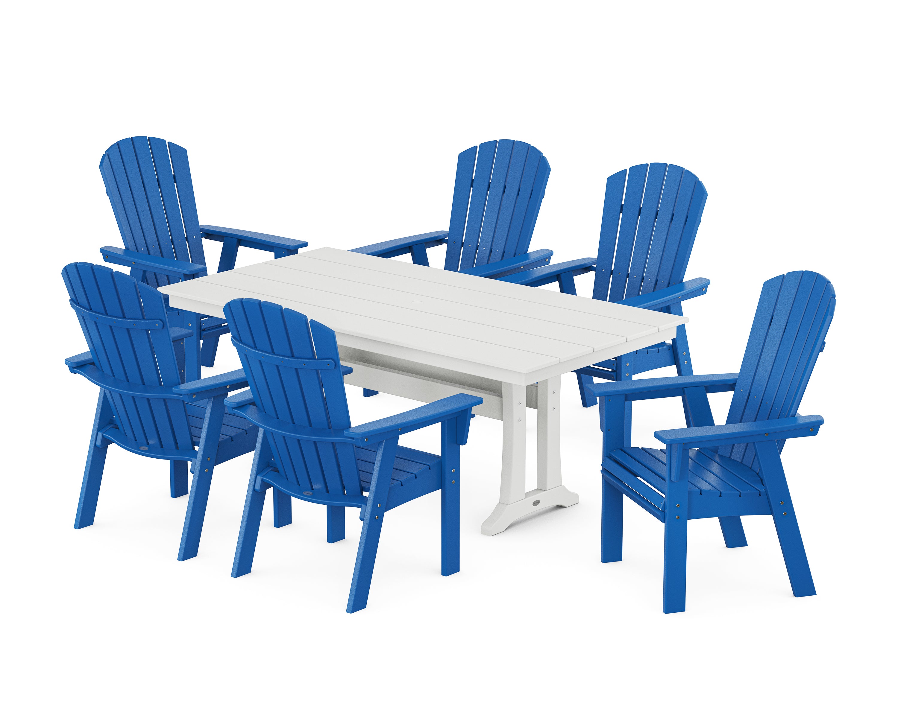 POLYWOOD® Nautical Curveback Adirondack 7-Piece Farmhouse Dining Set with Trestle Legs in Pacific Blue / White
