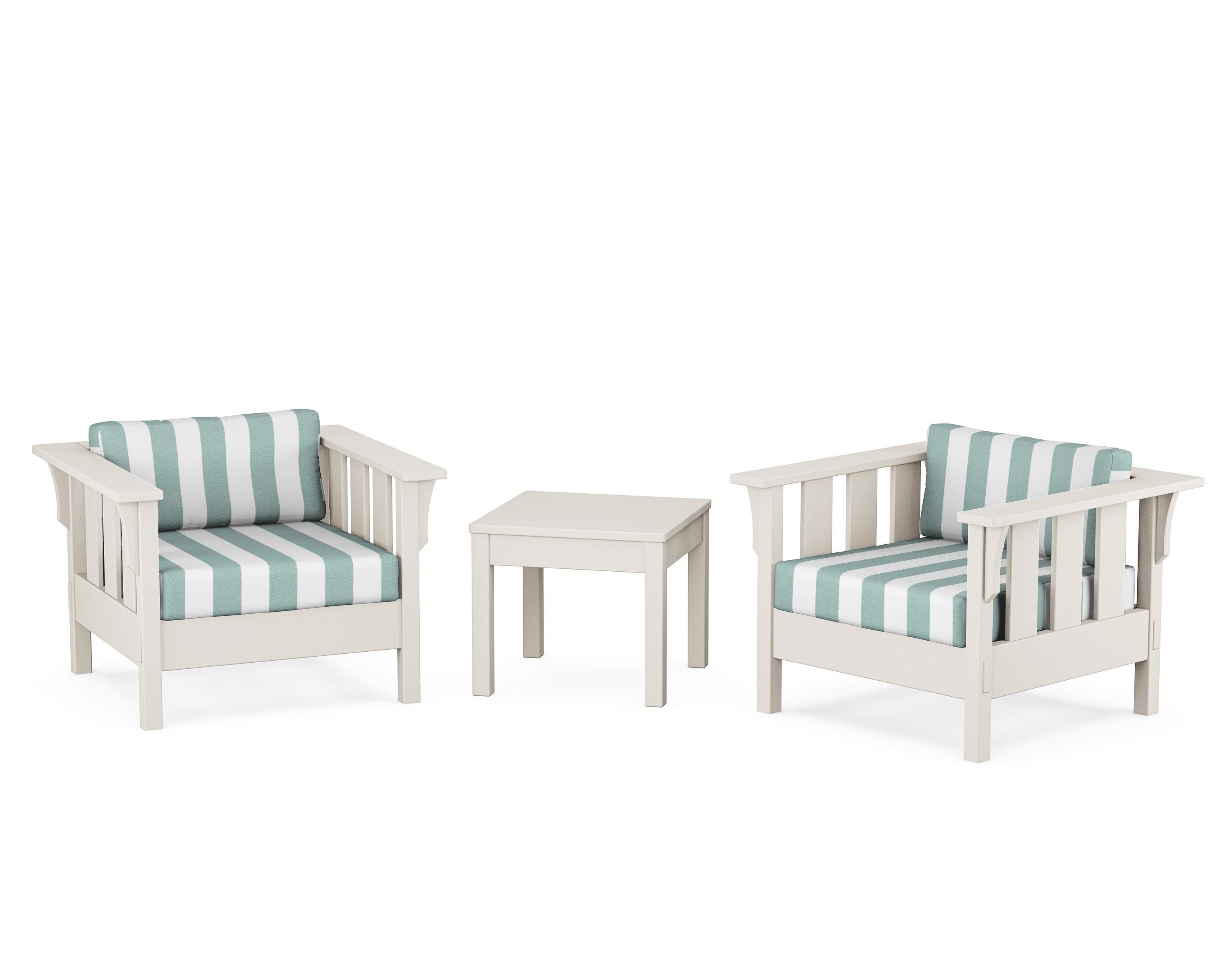 Martha Stewart by POLYWOOD® Acadia 3-Piece Deep Seating Set in Sand / Cabana Stripe Glacier Spa