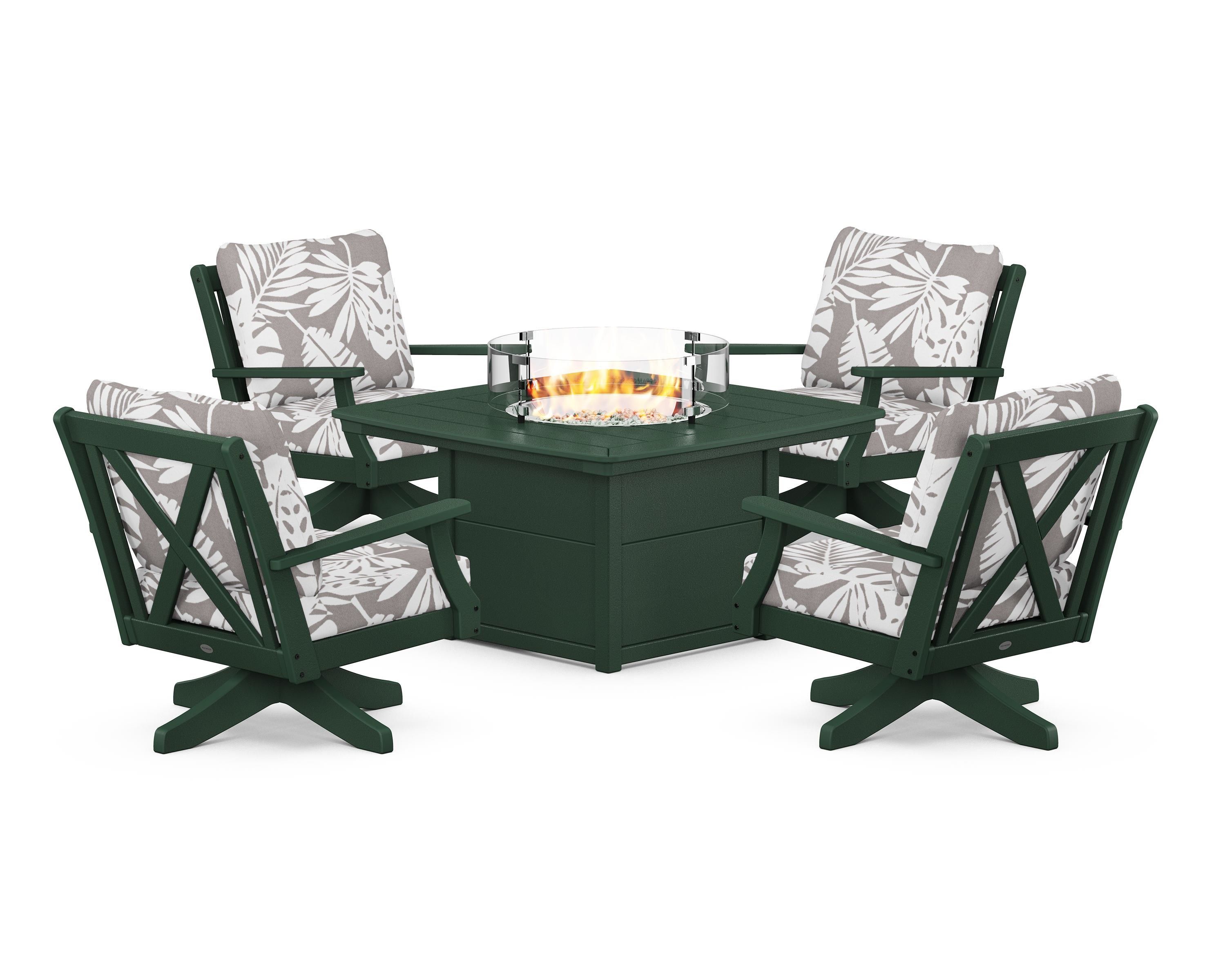 POLYWOOD® Braxton 5-Piece Deep Seating Swivel Conversation Set with Fire Pit Table in Green / Leaf Grey Mist