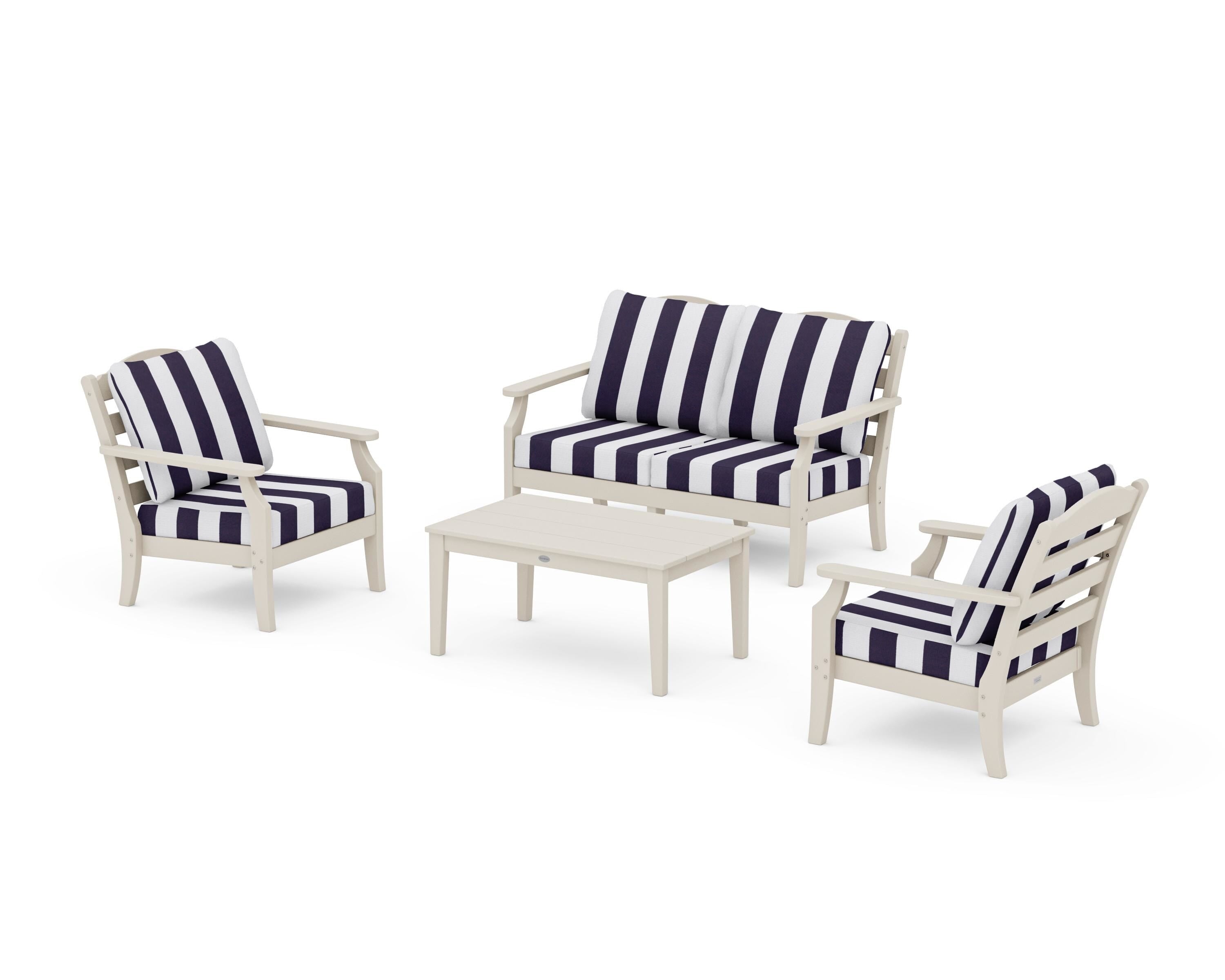 Draper James™ by POLYWOOD® Savannah 4-Piece Deep Seating Set with Loveseat in Sand / Cabana Stripe Navy