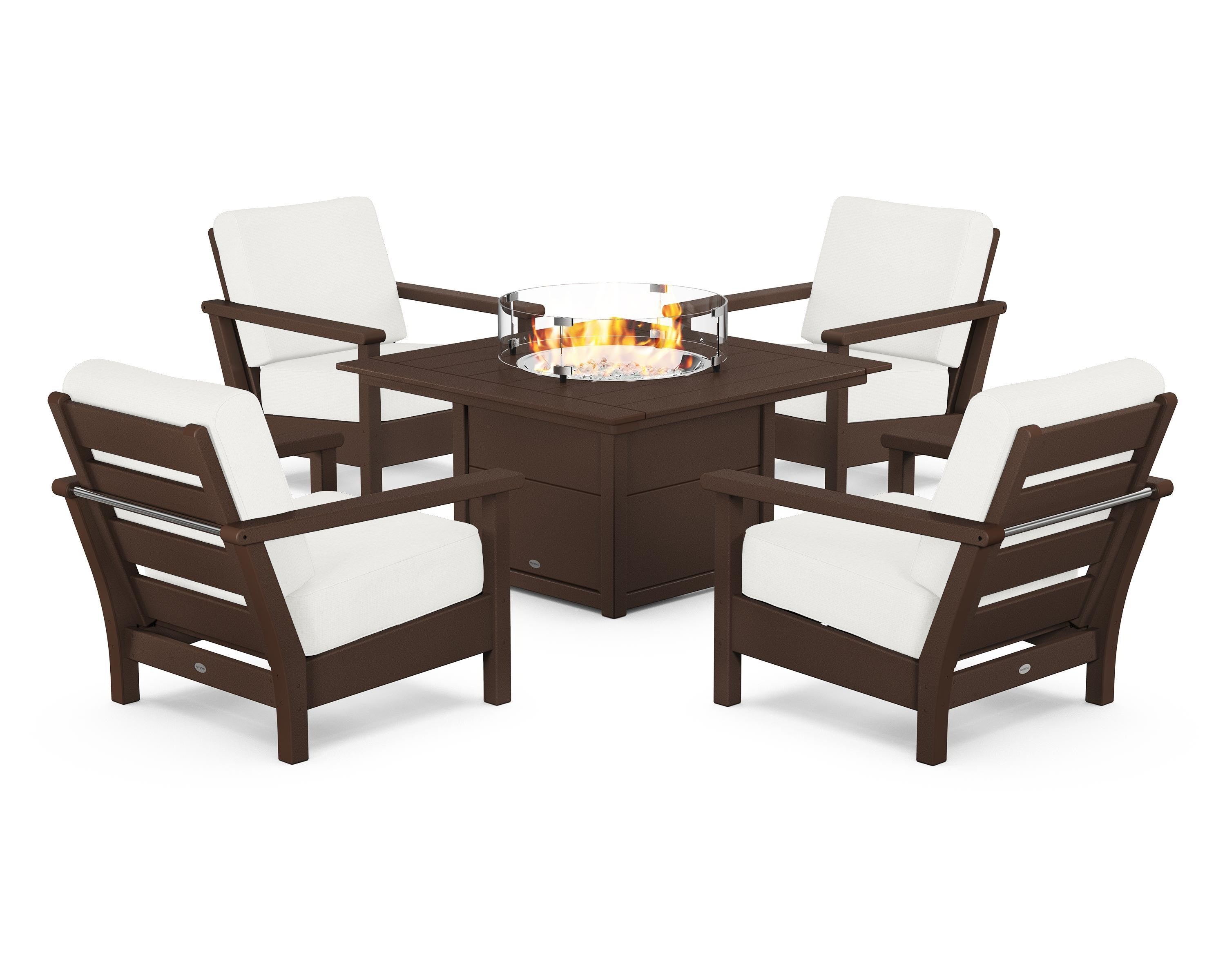POLYWOOD® Harbour 5-Piece Conversation Set with Fire Pit Table in Mahogany / Natural Linen