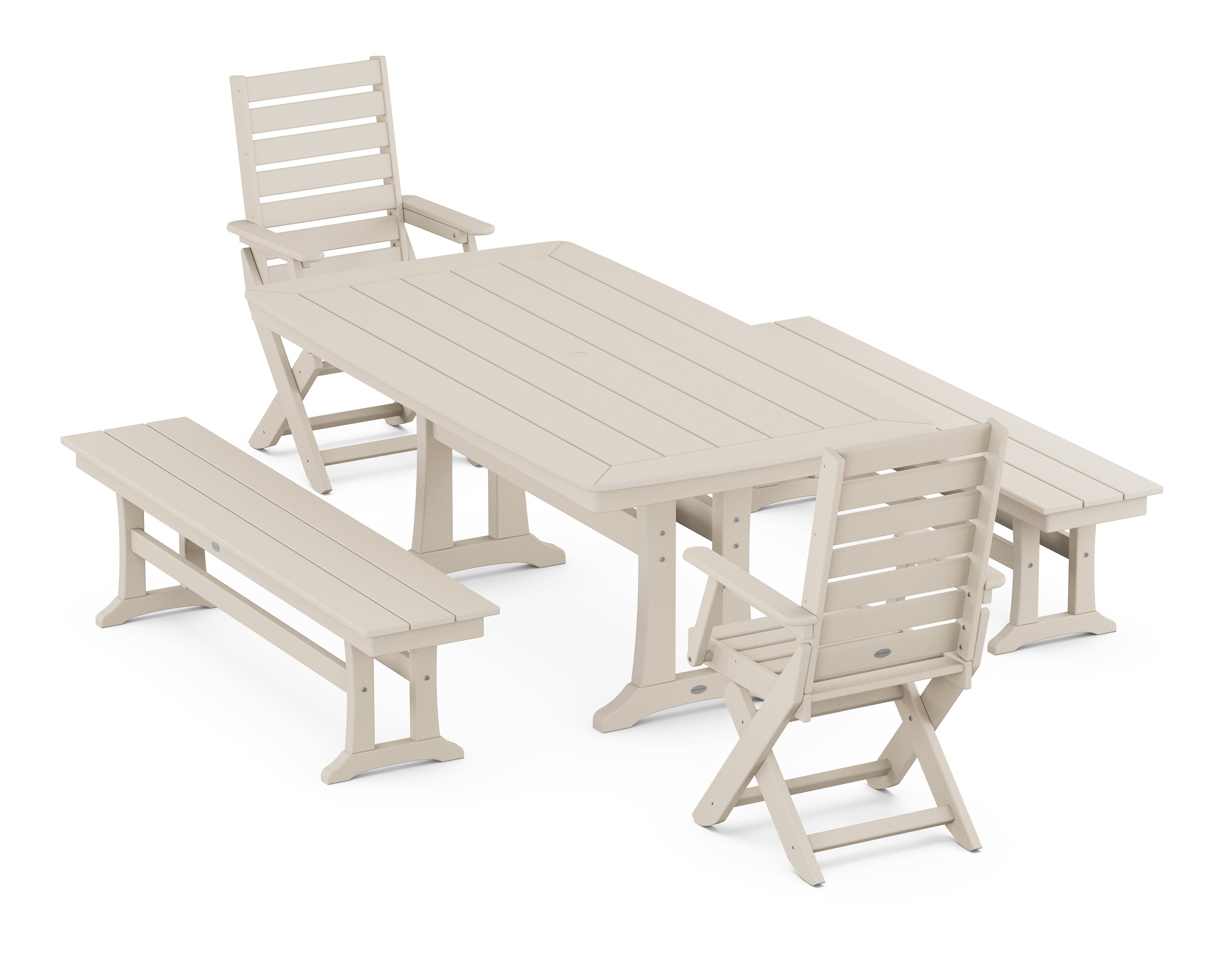 POLYWOOD® Captain Folding Chair 5-Piece Dining Set with Trestle Legs in Sand