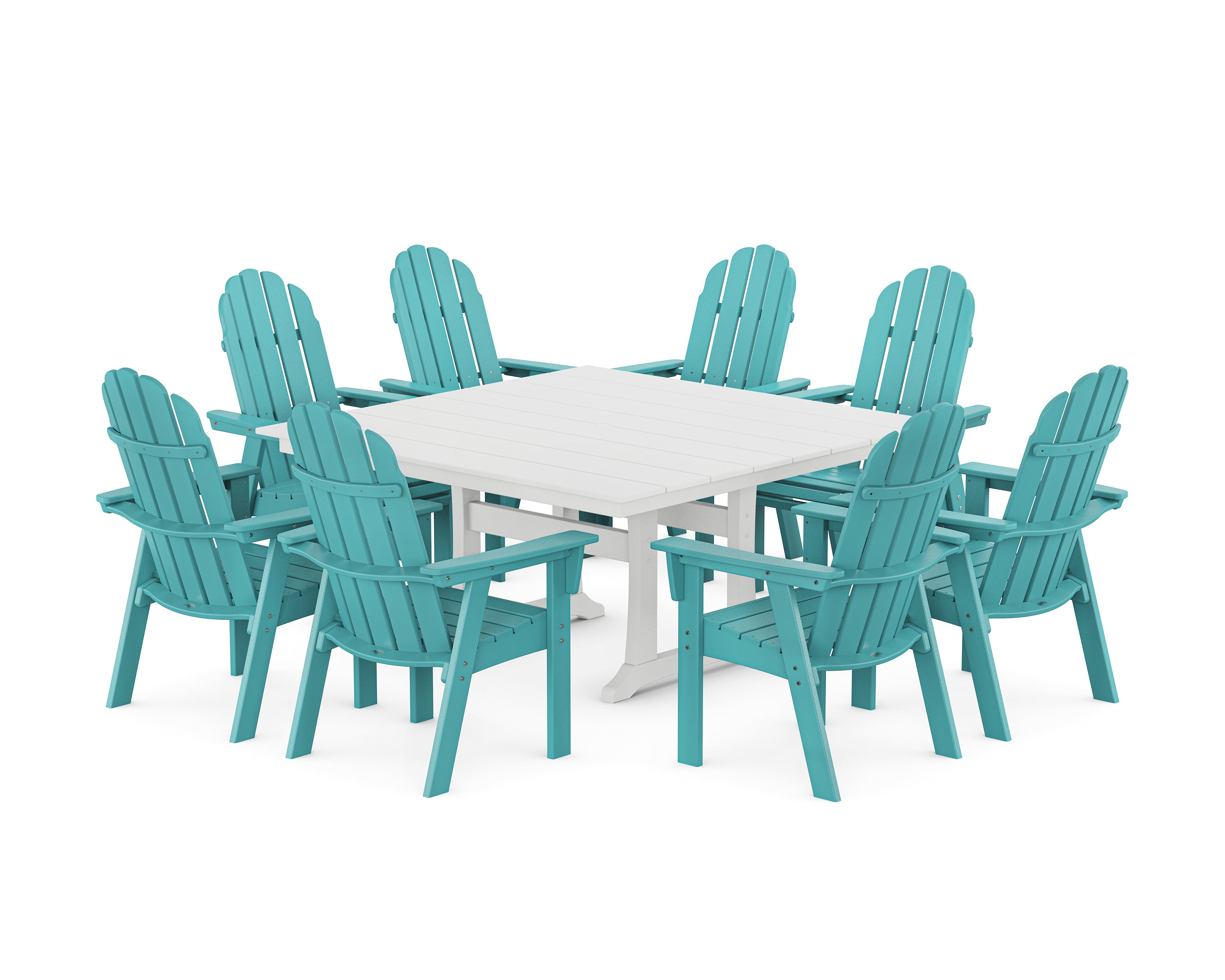 POLYWOOD® Vineyard Curveback Adirondack 9-Piece Square Farmhouse Dining Set with Trestle Legs in Aruba / White