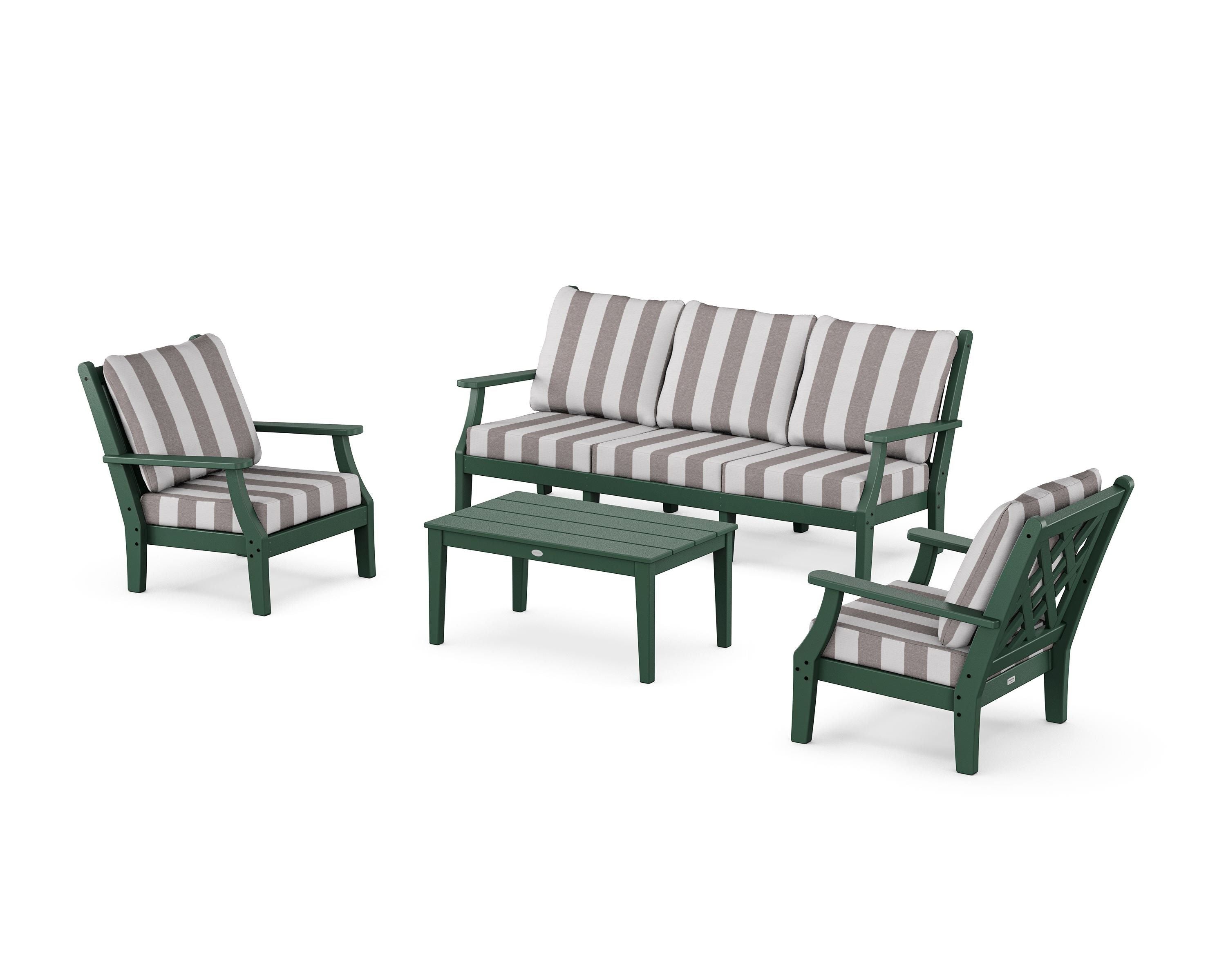 Country Living Wovendale 4-Piece Deep Seating Set with Sofa in Green / Cabana Stripe Grey Mist