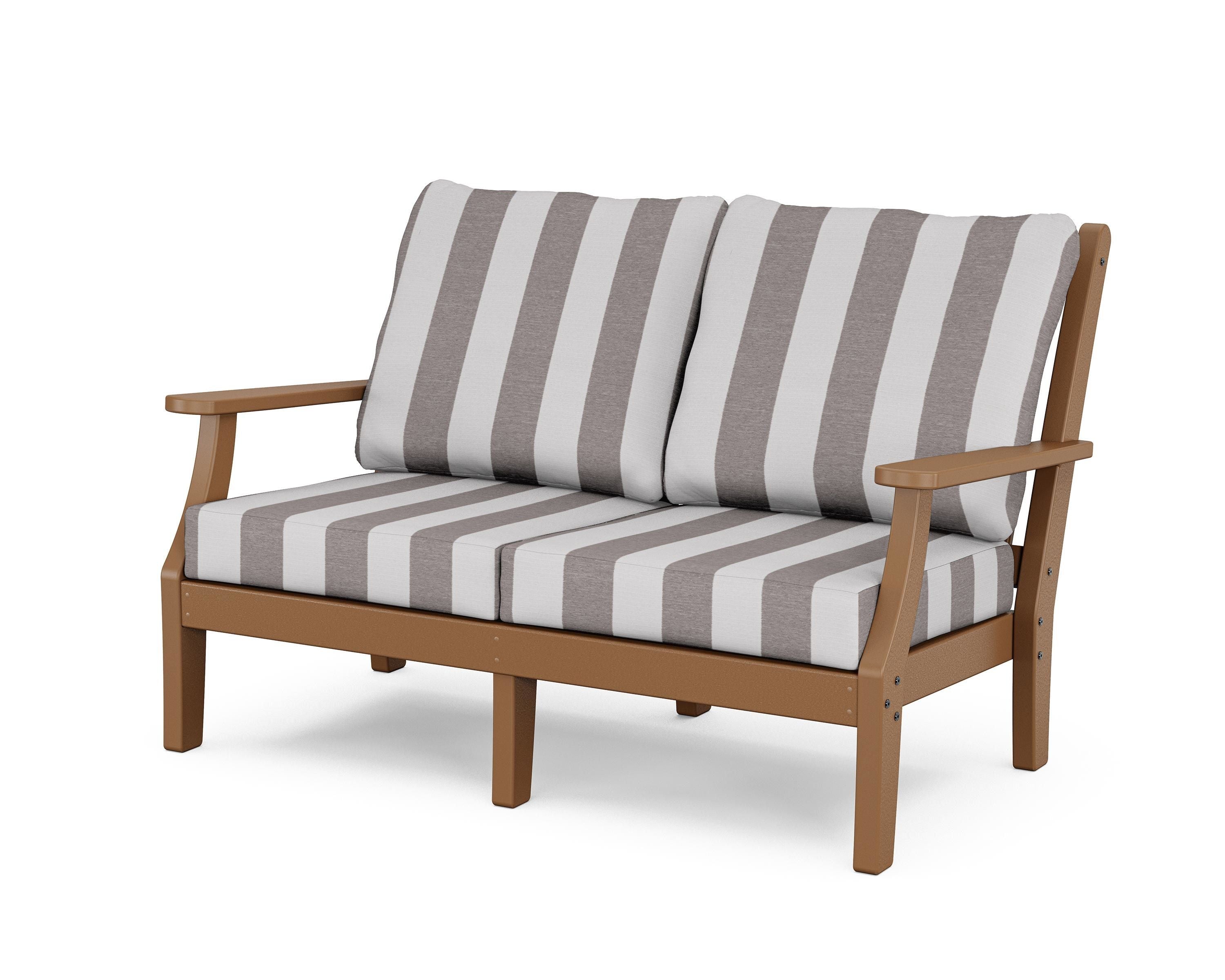 Country Living Wovendale Deep Seating Loveseat in Teak / Cabana Stripe Grey Mist