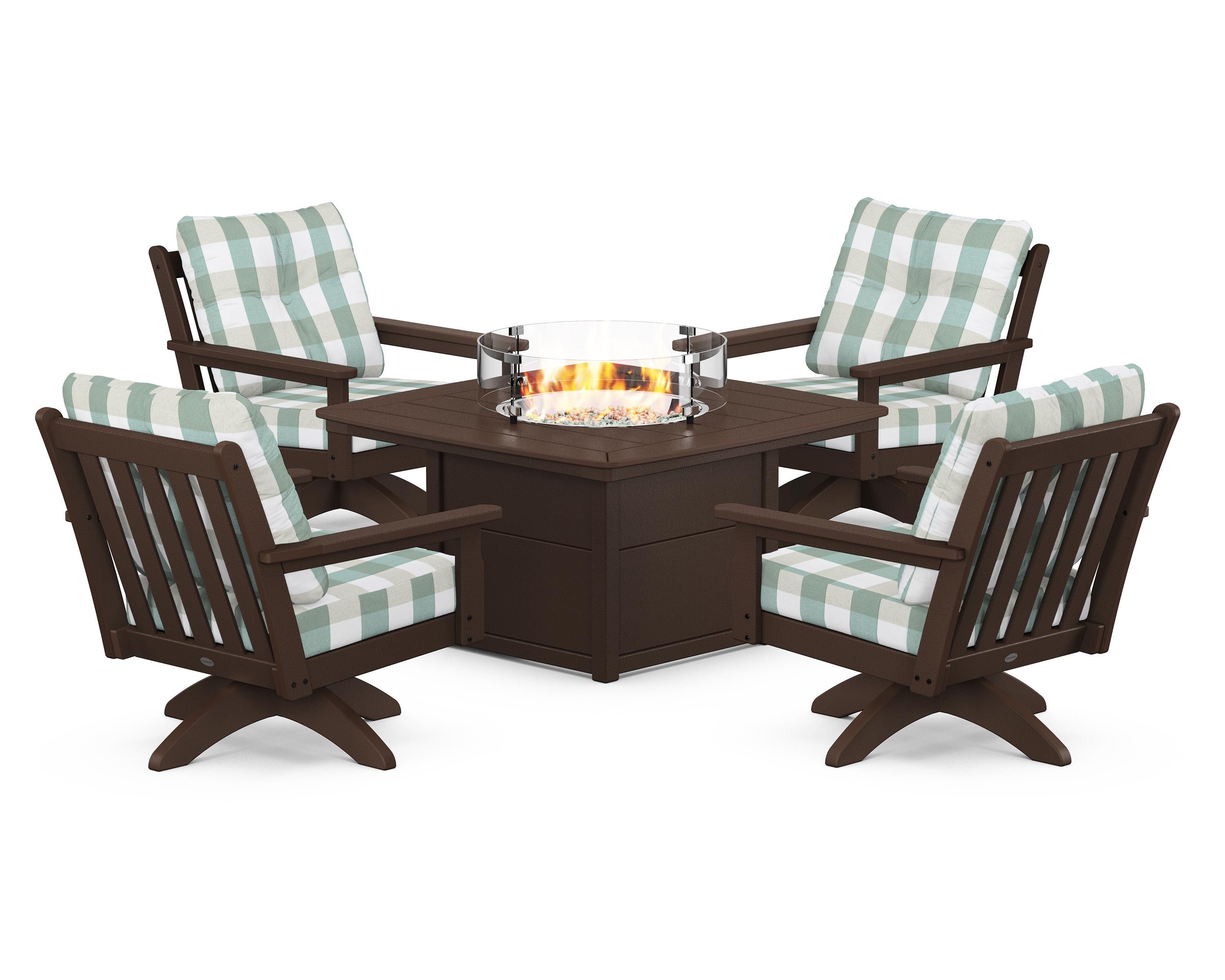 POLYWOOD® Vineyard 5-Piece Deep Seating Swivel Conversation Set with Fire Pit Table in Mahogany / Buffalo Plaid Glacier Spa