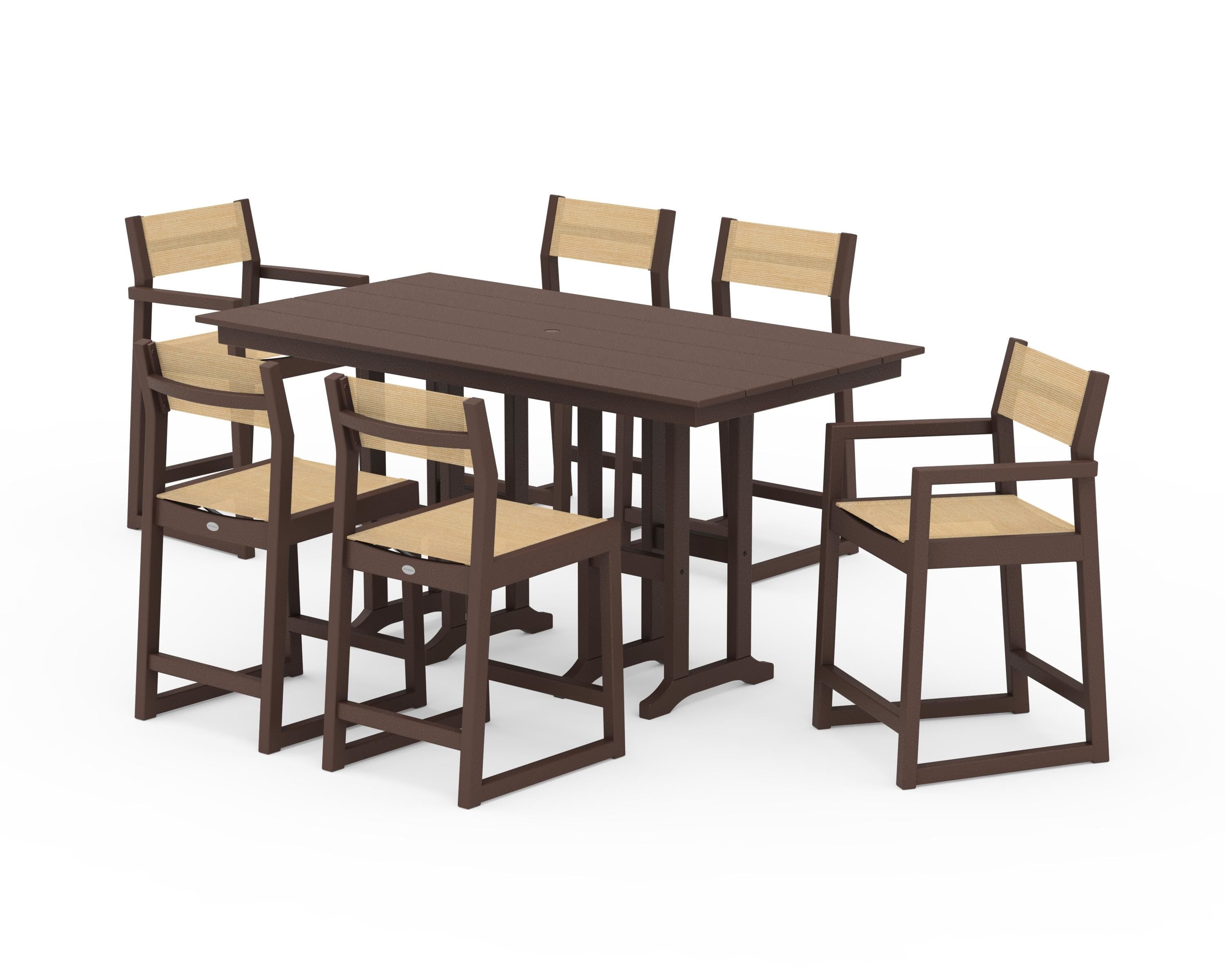 POLYWOOD® EDGE Sling 7-Piece Farmhouse Counter Set with Trestle Legs in Mahogany / Dupioni Apricot Sling