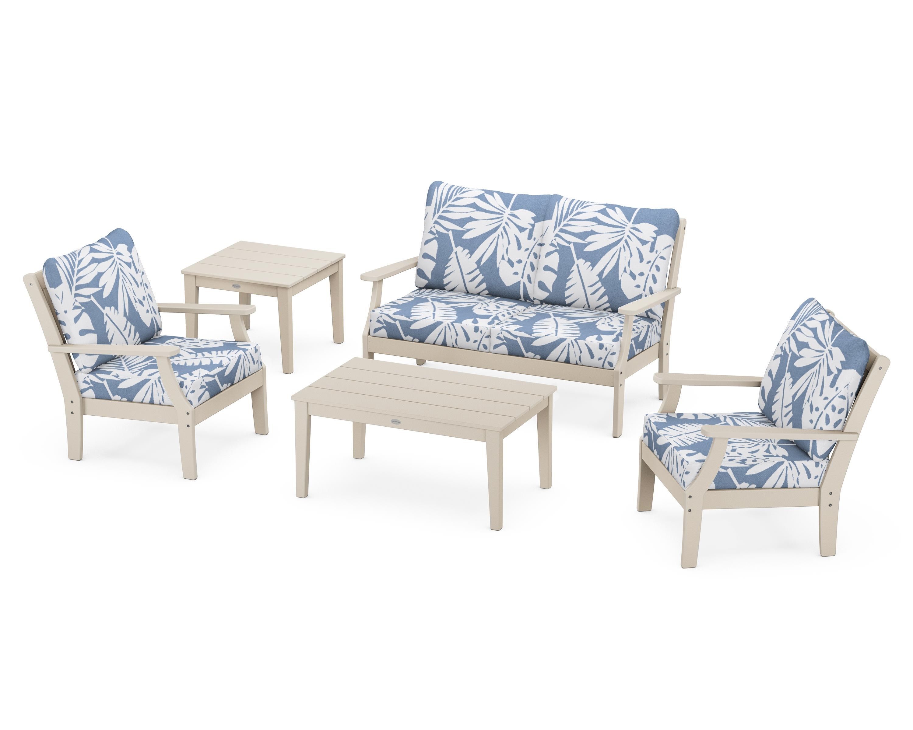 POLYWOOD® Braxton 5-Piece Deep Seating Set in Sand / Leaf Sky Blue