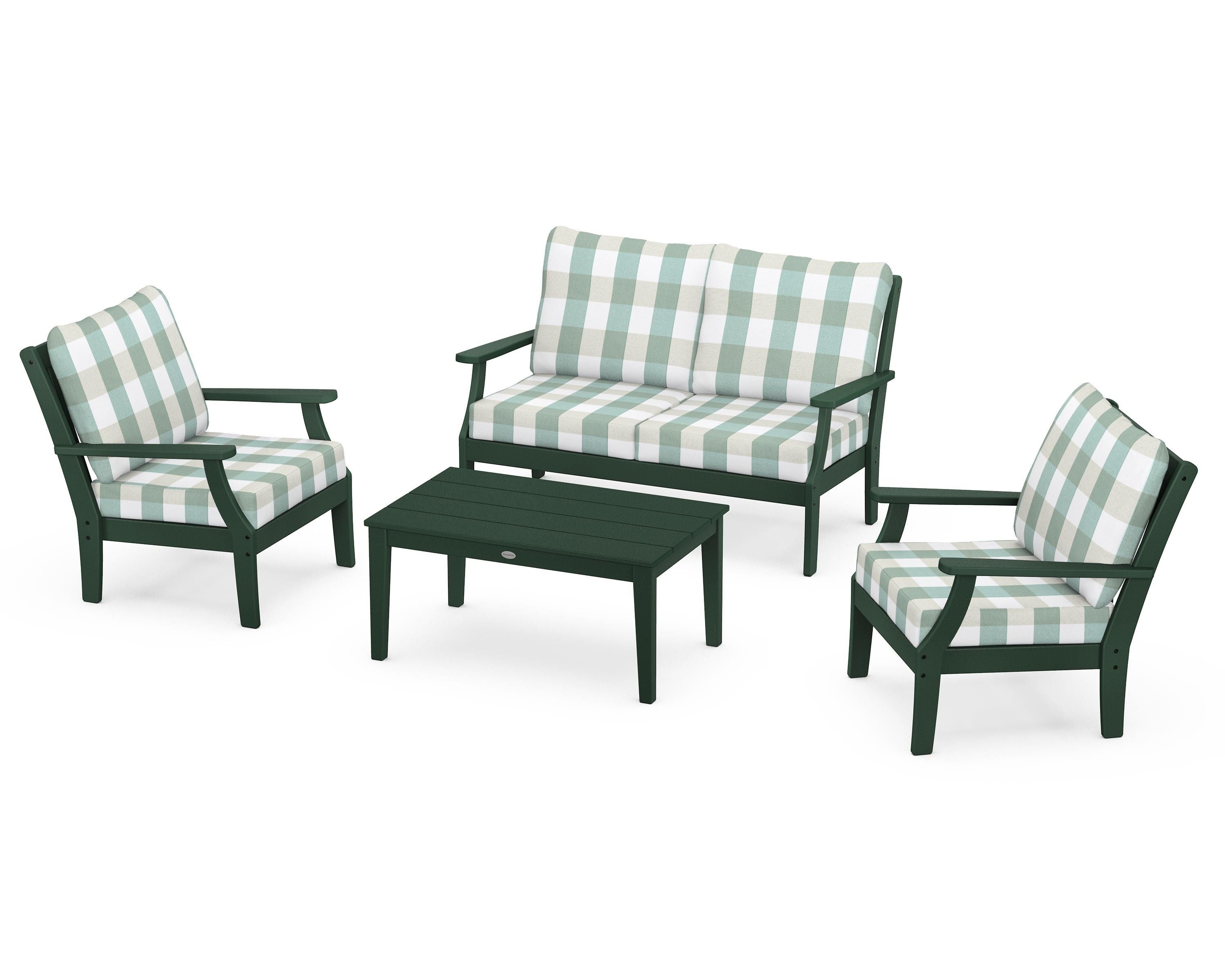 POLYWOOD® Braxton 4-Piece Deep Seating Chair Set in Green / Buffalo Plaid Glacier Spa