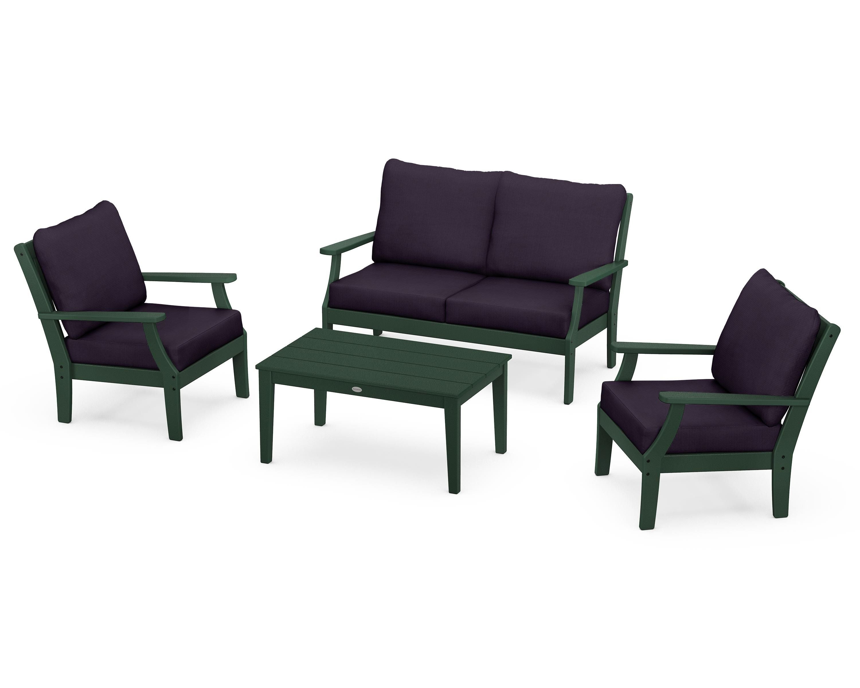 POLYWOOD® Braxton 4-Piece Deep Seating Chair Set in Green / Navy Linen