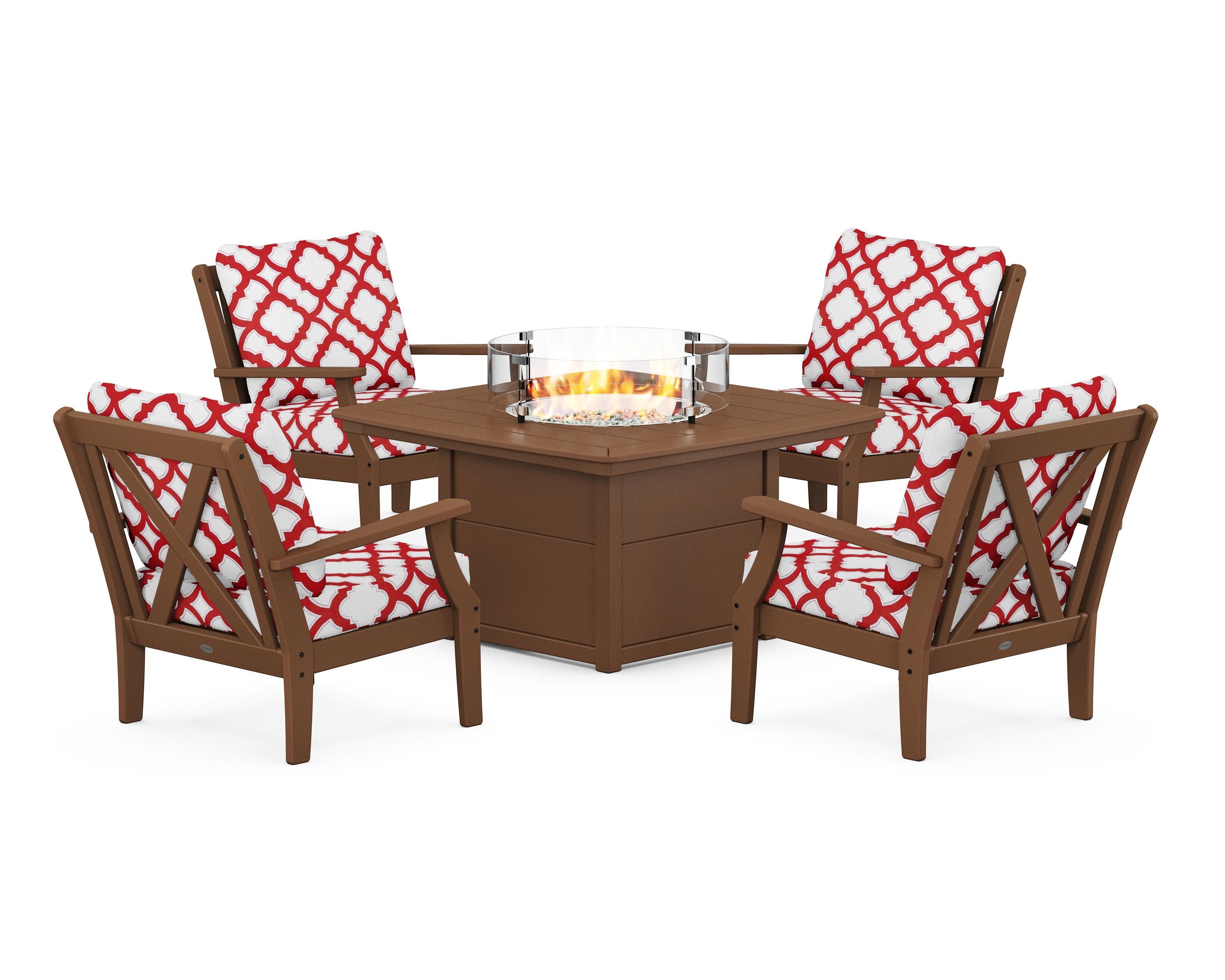 POLYWOOD® Braxton 5-Piece Deep Seating Conversation Set with Fire Pit Table in Teak / Trellis Crimson