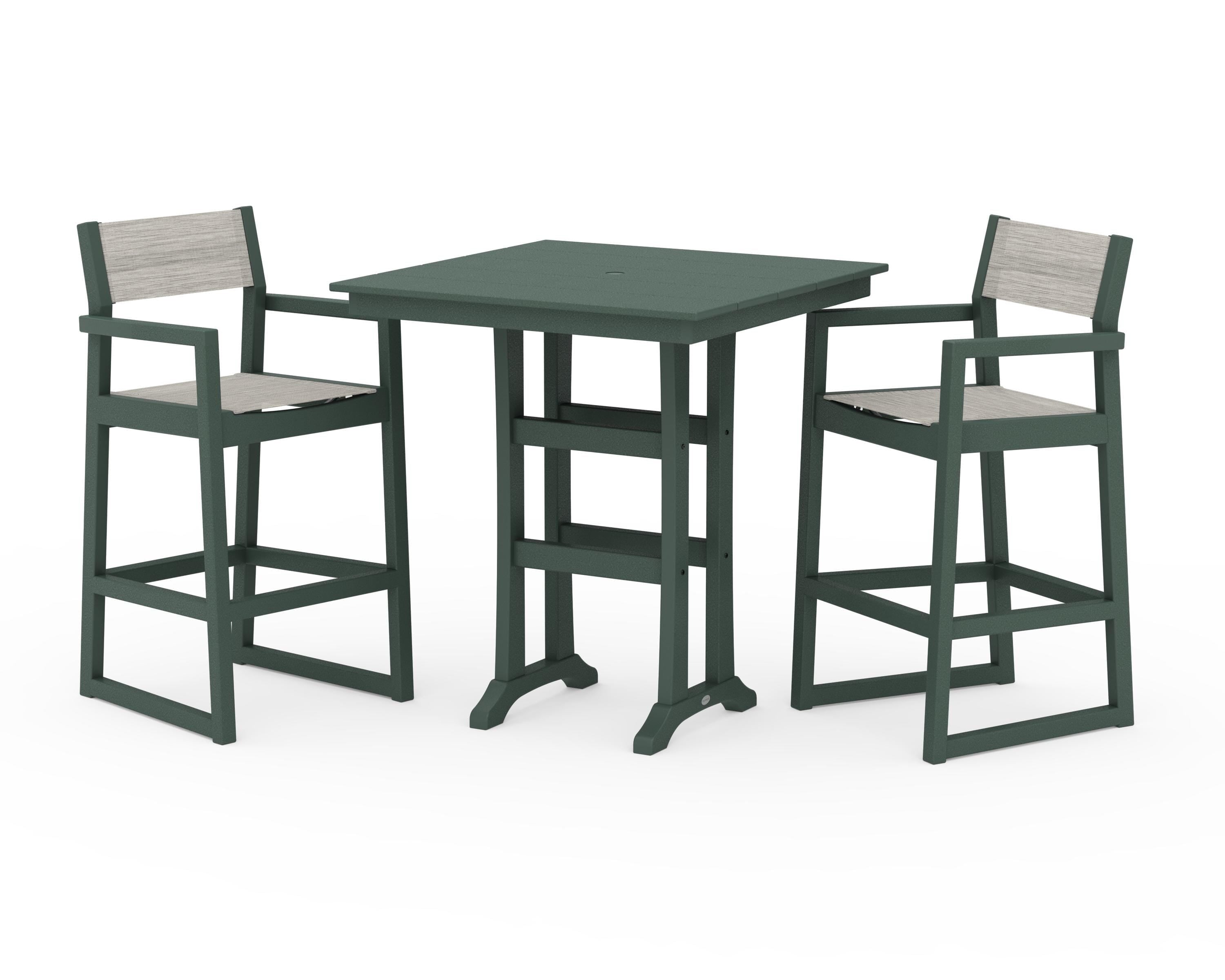 POLYWOOD® EDGE Sling Arm Chair 3-Piece Farmhouse Bar Set with Trestle Legs in Green / Birch Sling