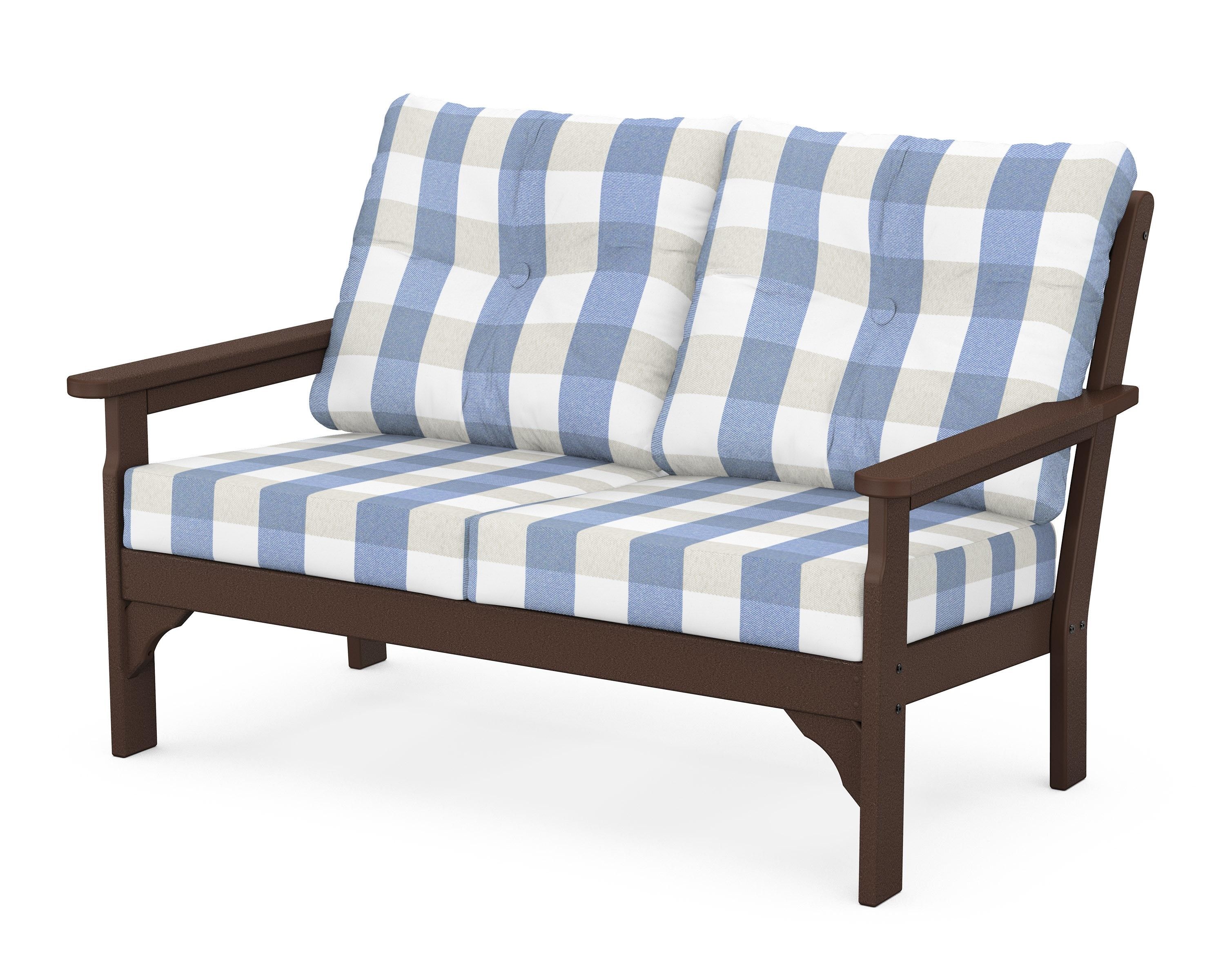 POLYWOOD® Vineyard Deep Seating Loveseat in Mahogany / Buffalo Plaid Sky Blue