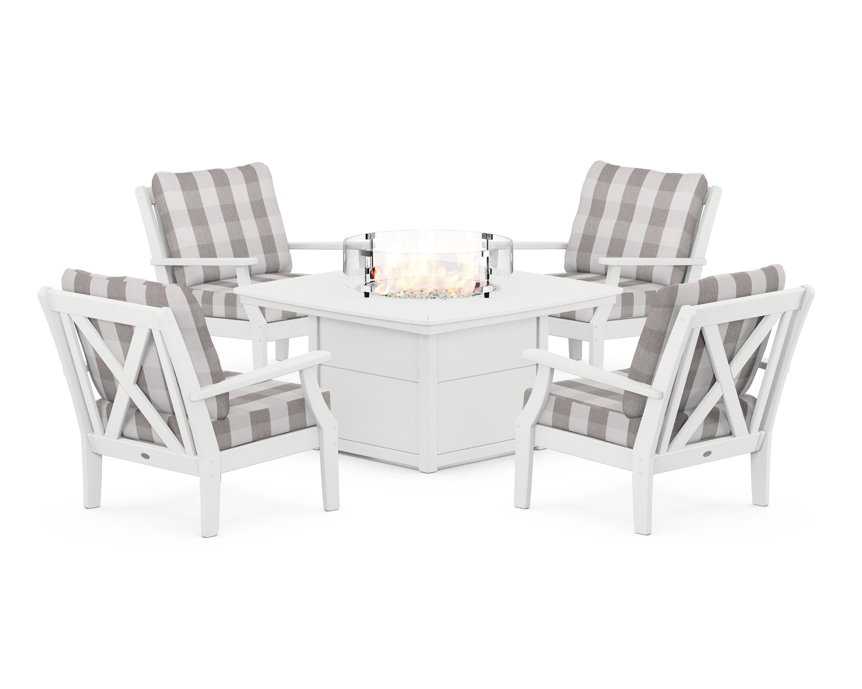 POLYWOOD® Braxton 5-Piece Deep Seating Conversation Set with Fire Pit Table in White / Buffalo Plaid Grey Mist