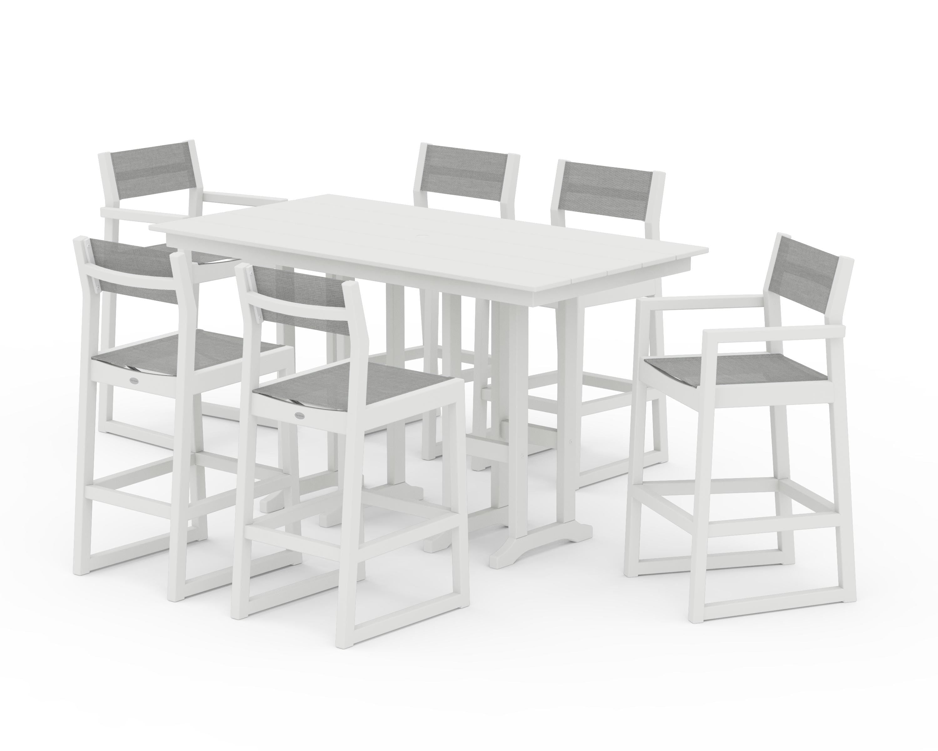 POLYWOOD® EDGE Sling 7-Piece Farmhouse Bar Set in White / Metallic Sling