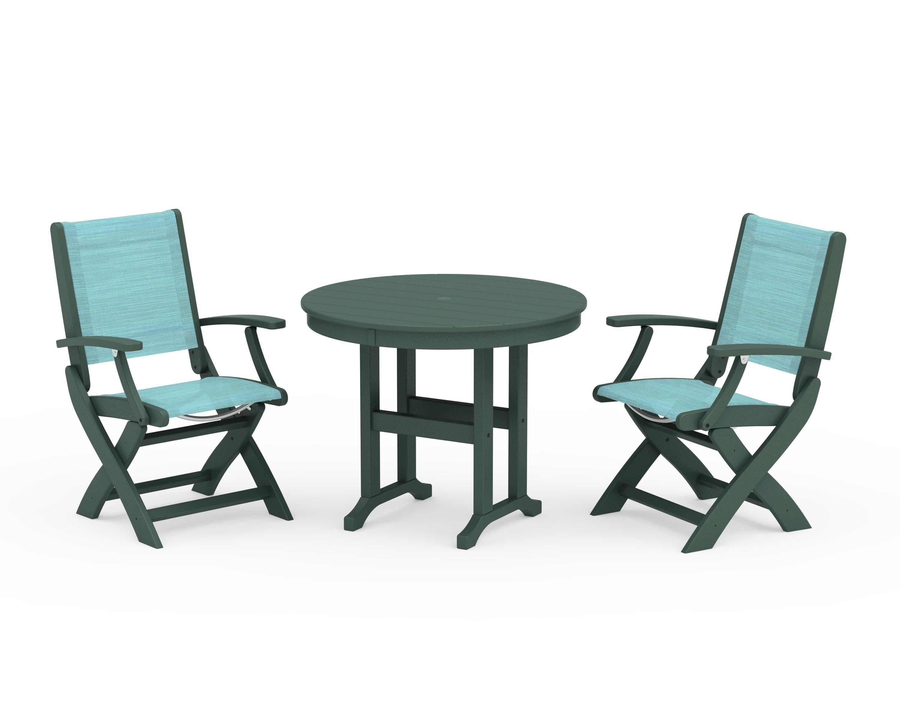 POLYWOOD® Coastal Folding Chair 3-Piece Round Dining Set in Green / Dupioni Aquamarine Sling