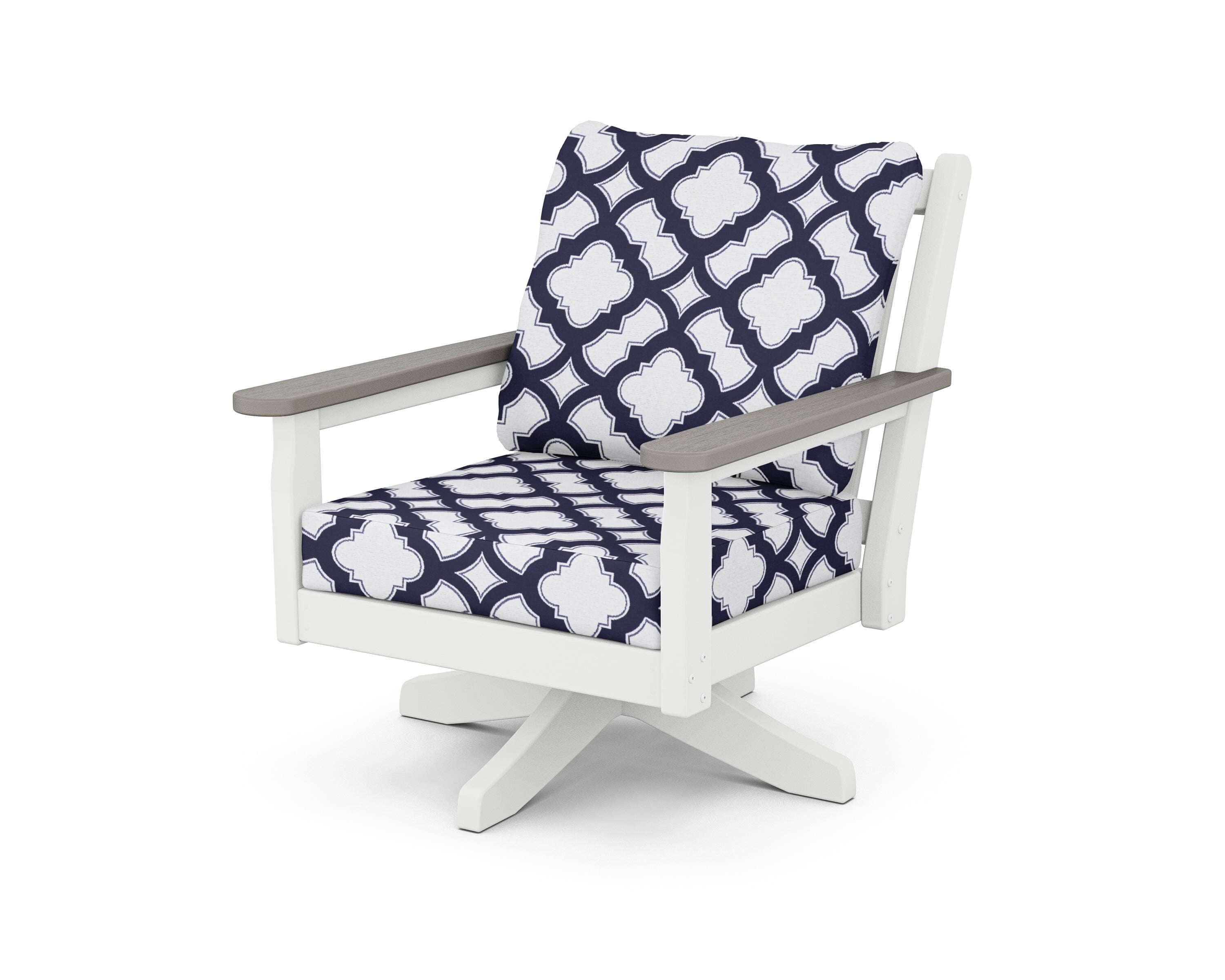 POLYWOOD® Chippendale Deep Seating Swivel Chair in White / Driftwood / Trellis Navy