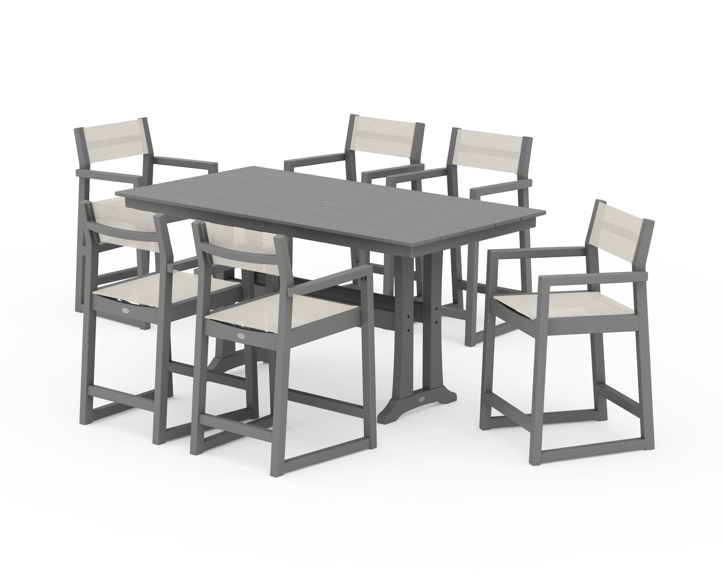 POLYWOOD® EDGE Sling Arm Chair 7-Piece Farmhouse Counter Set with Trestle Legs in Slate Grey / Parchment Sling