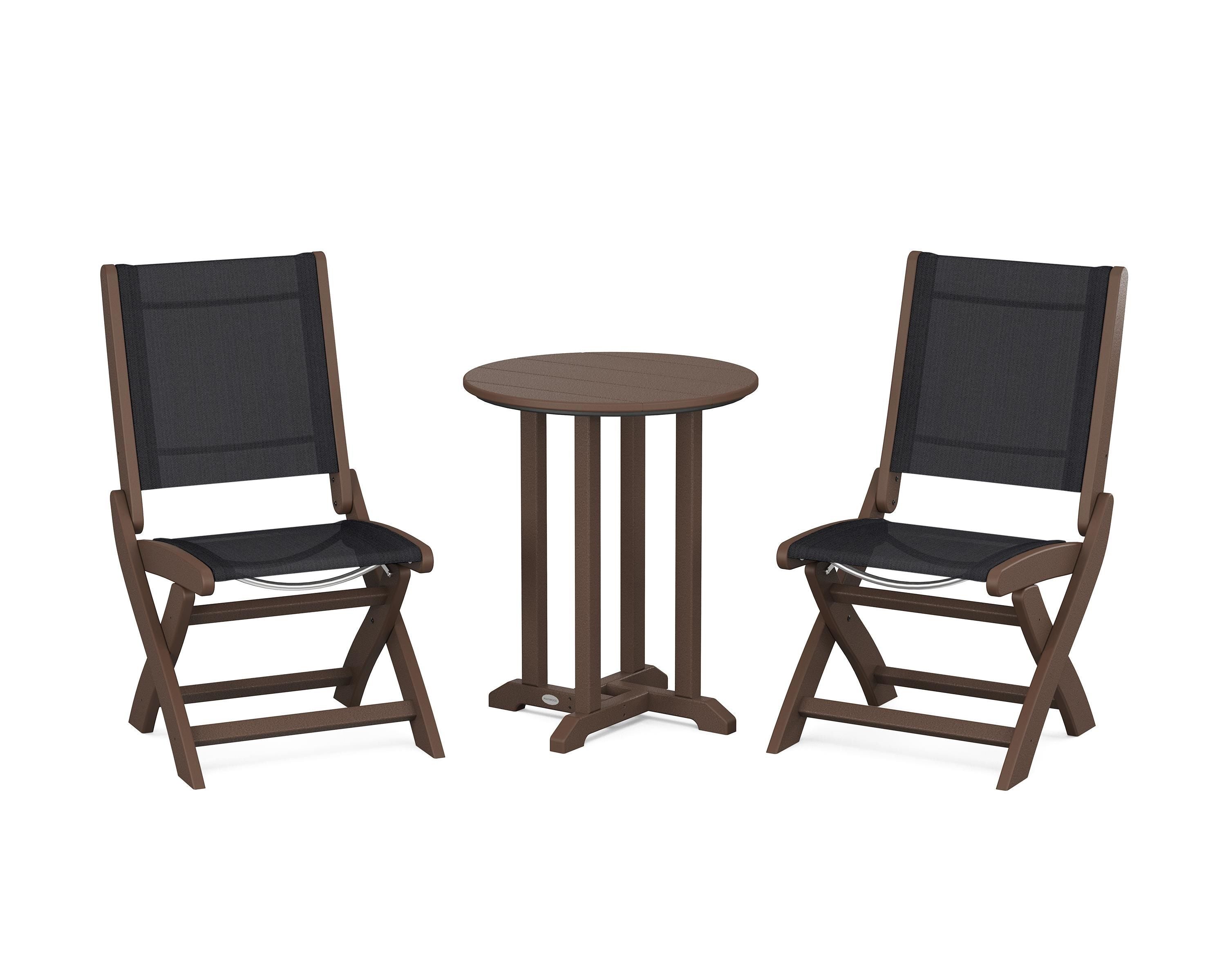POLYWOOD® Coastal Folding Side Chair 3-Piece Round Bistro Dining Set in Mahogany / Black Sling