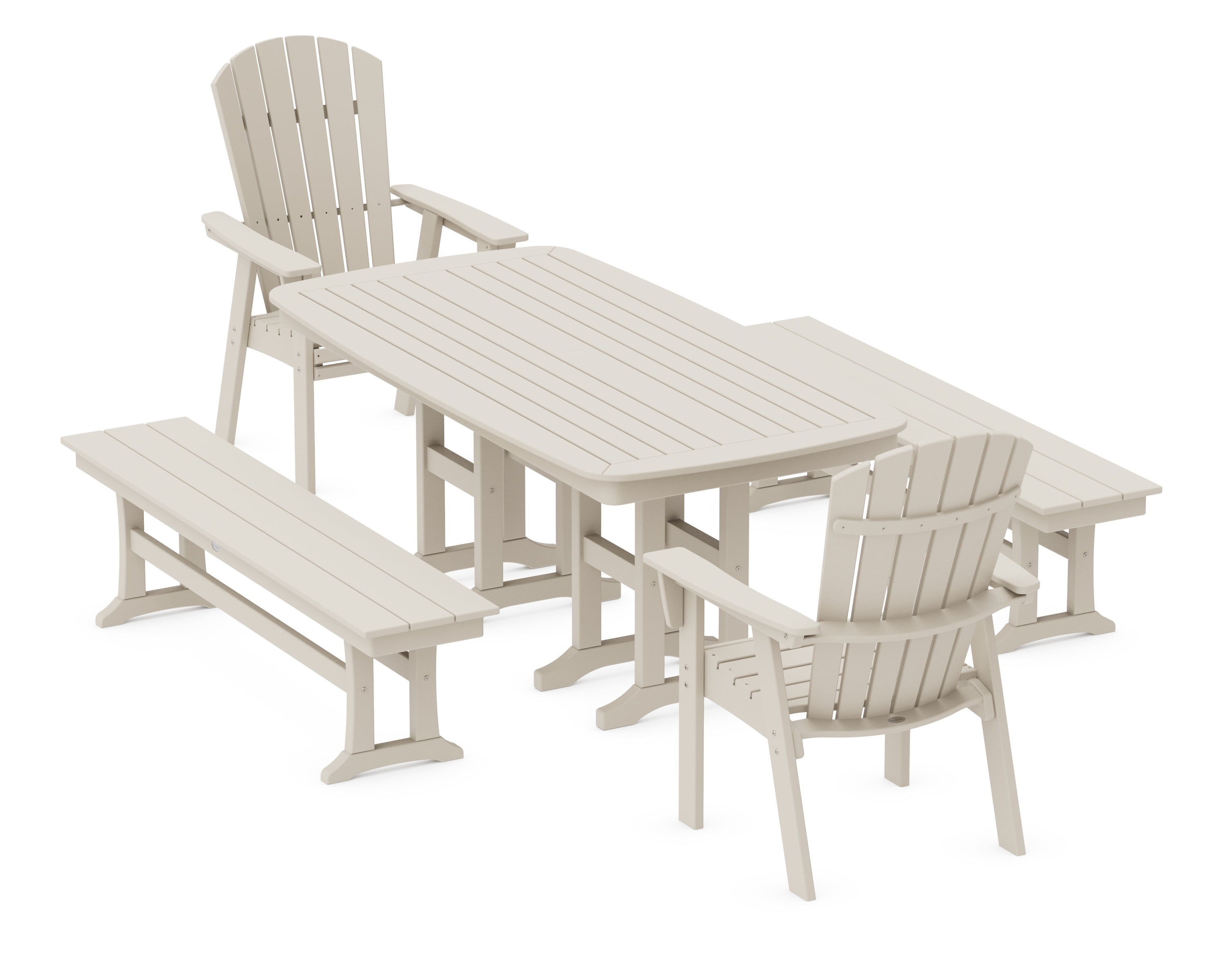POLYWOOD® Nautical Curveback Adirondack 5-Piece Dining Set with Benches in Sand