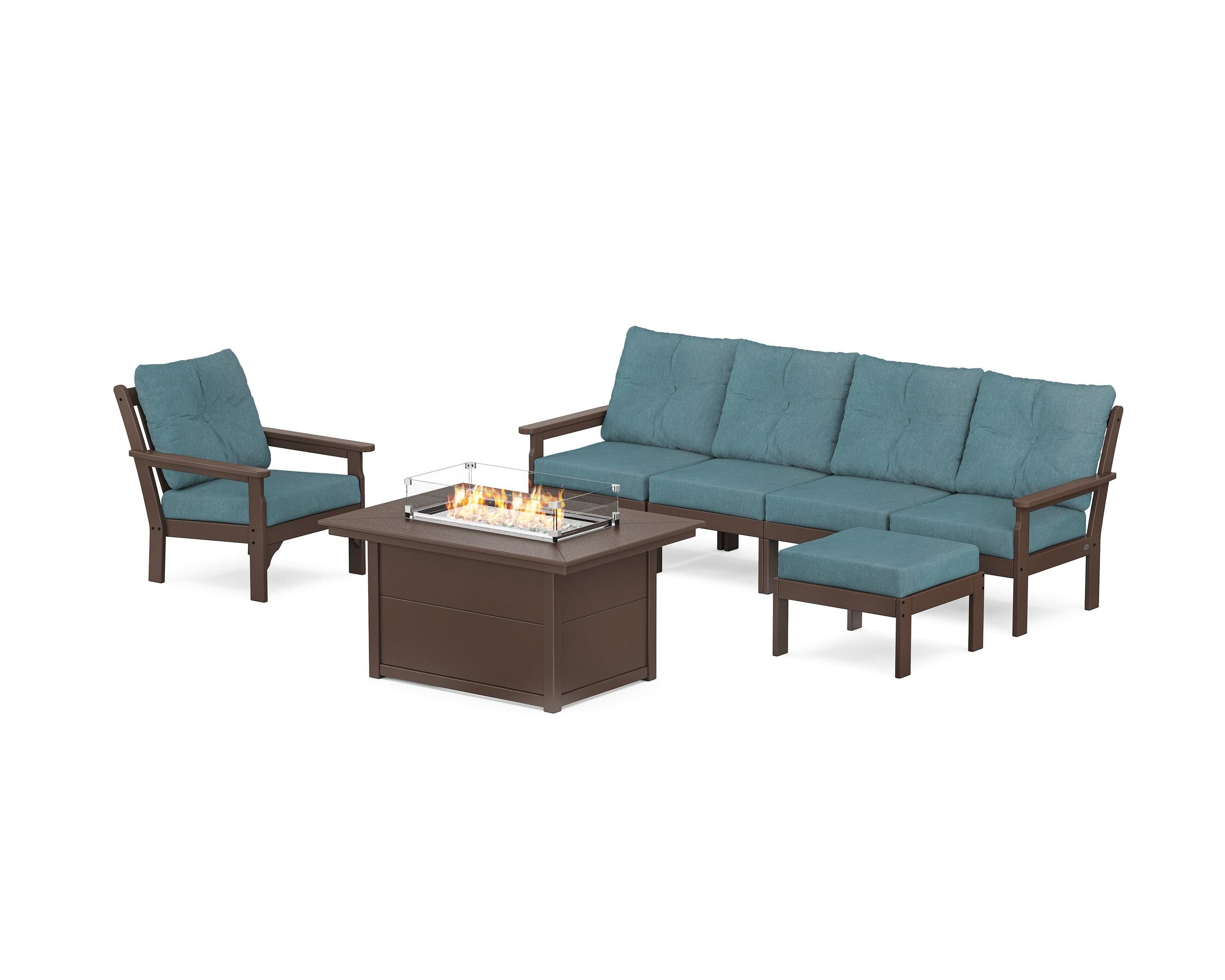 POLYWOOD® Vineyard Sectional Lounge and Fire Pit Set in Mahogany / Ocean Teal