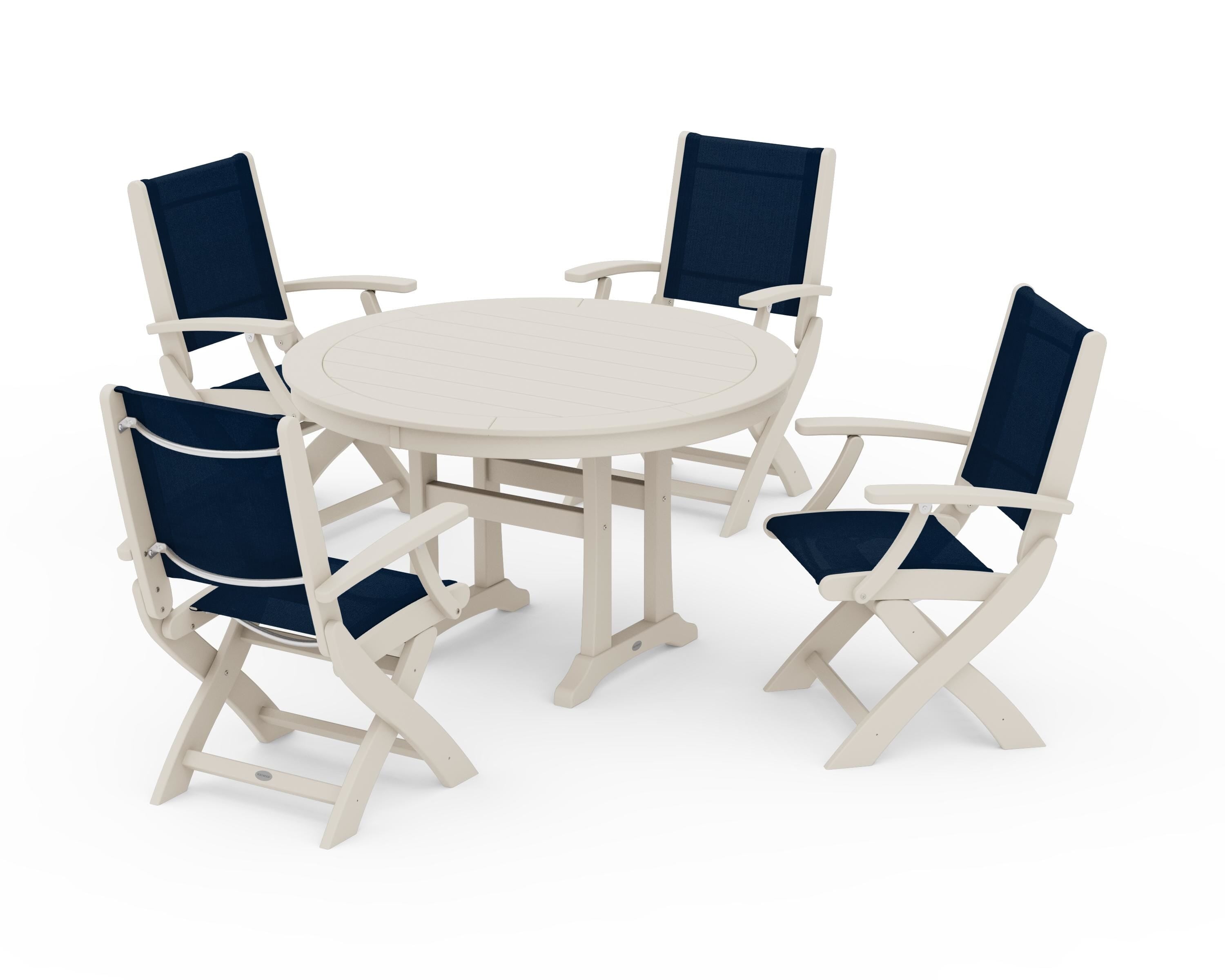 POLYWOOD® Coastal Folding Chair 5-Piece Round Dining Set with Trestle Legs in Sand / Navy Blue Sling