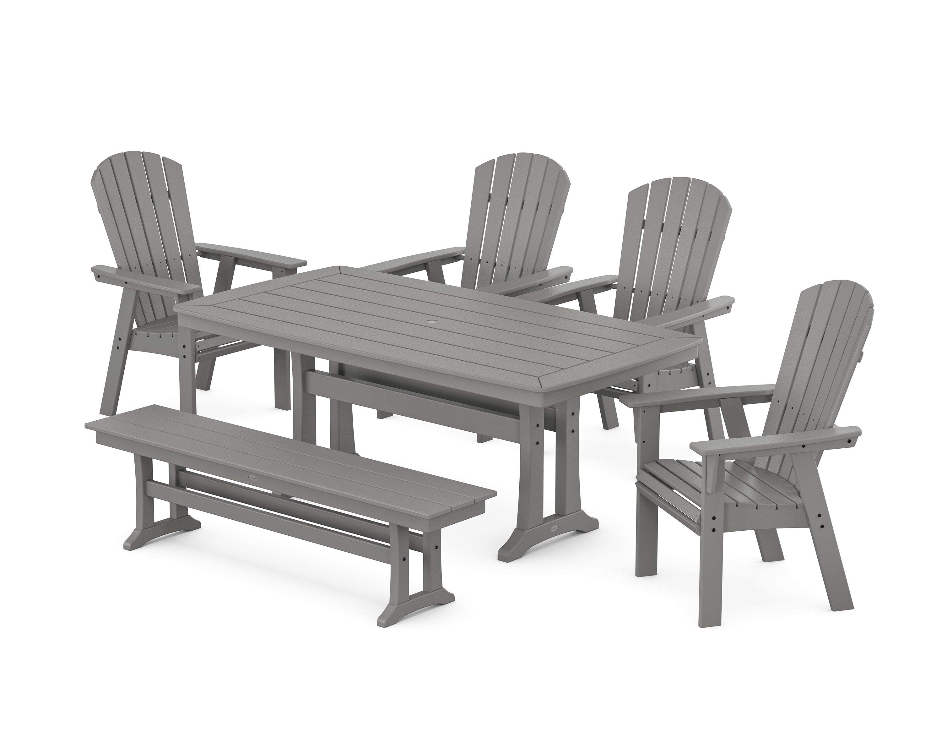 POLYWOOD® Nautical Curveback Adirondack 6-Piece Dining Set with Trestle Legs and Bench in Slate Grey