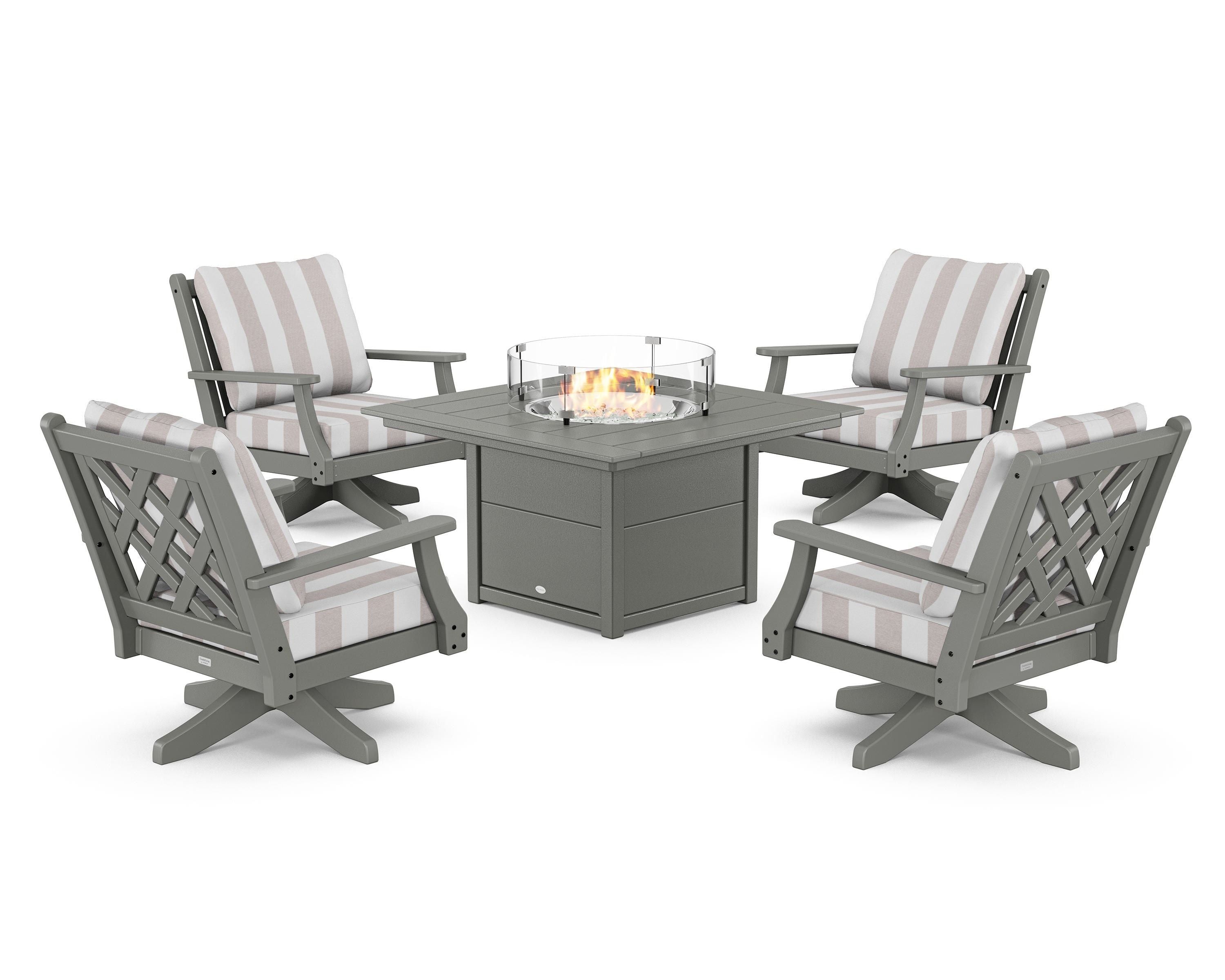 Country Living Wovendale 5-Piece Deep Seating Swivel Conversation Set with Fire Pit Table in Slate Grey / Cabana Stripe Dune Burlap