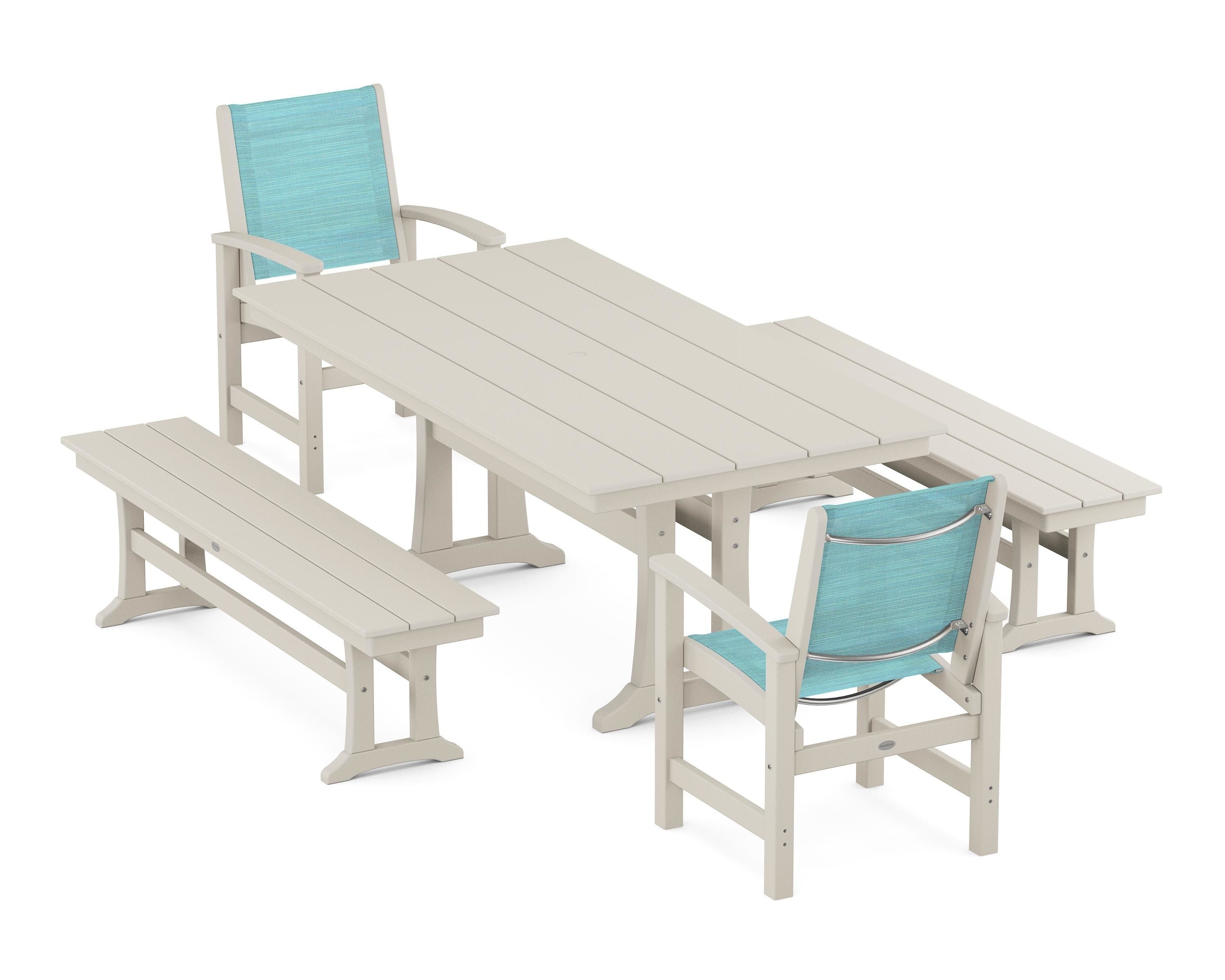 POLYWOOD® Coastal 5-Piece Farmhouse Dining Set with Trestle Legs and Benches in Sand / Dupioni Aquamarine Sling