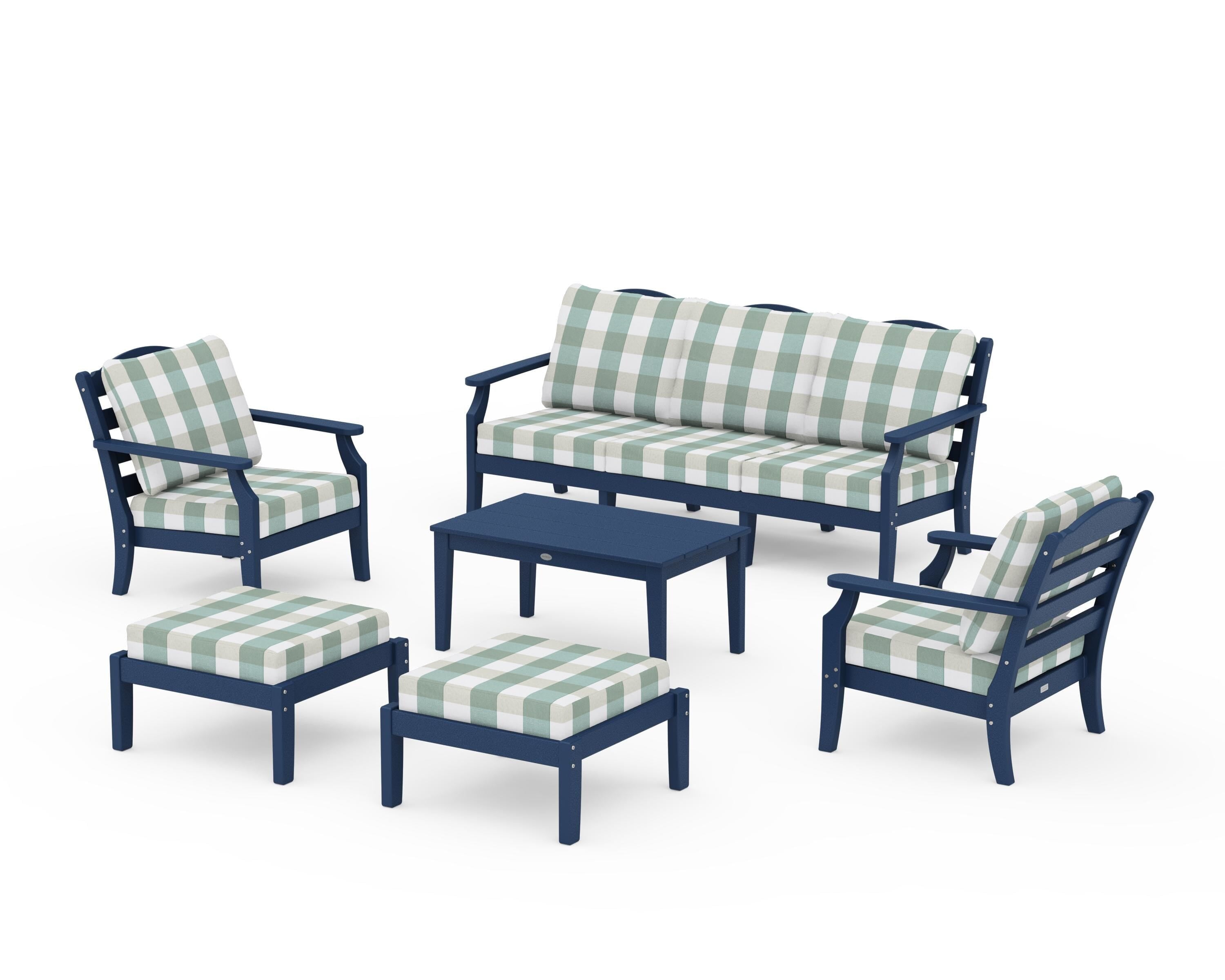 Draper James™ by POLYWOOD® Savannah 6-Piece Lounge Sofa Set in Navy / Buffalo Plaid Glacier Spa