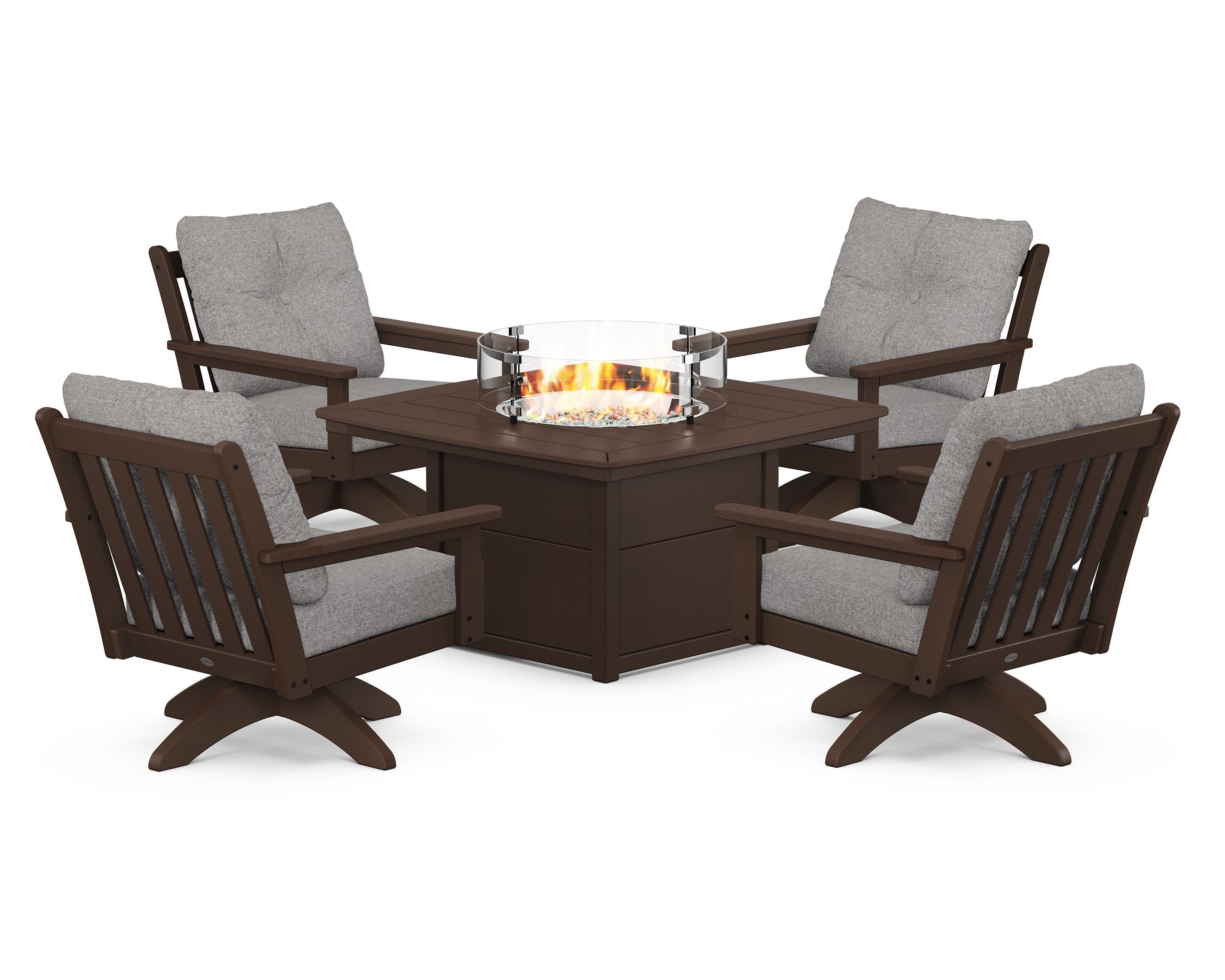 POLYWOOD® Vineyard 5-Piece Deep Seating Swivel Conversation Set with Fire Pit Table in Mahogany / Grey Mist