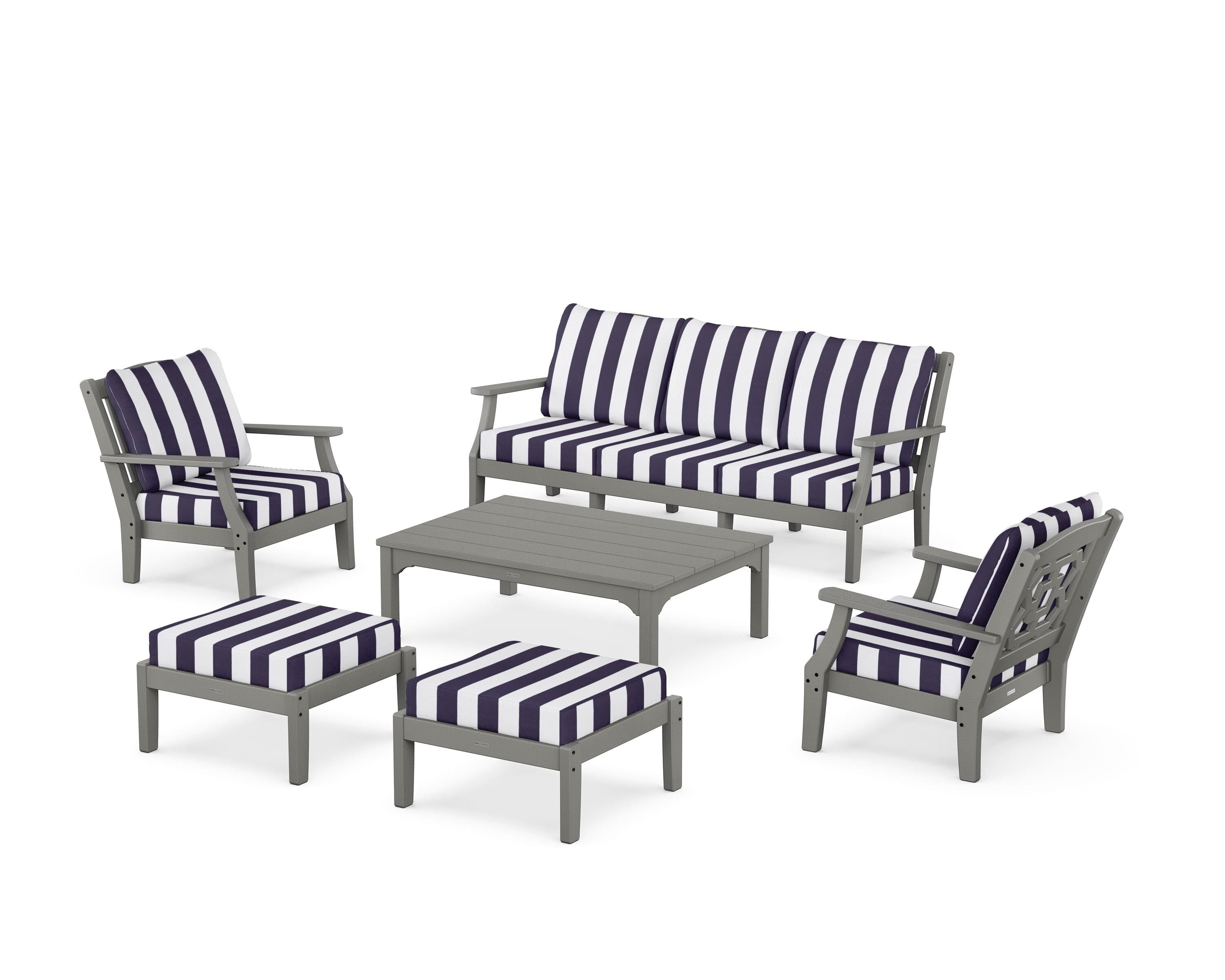 Martha Stewart by POLYWOOD® Chinoiserie 6-Piece Lounge Sofa Set in Slate Grey / Cabana Stripe Navy