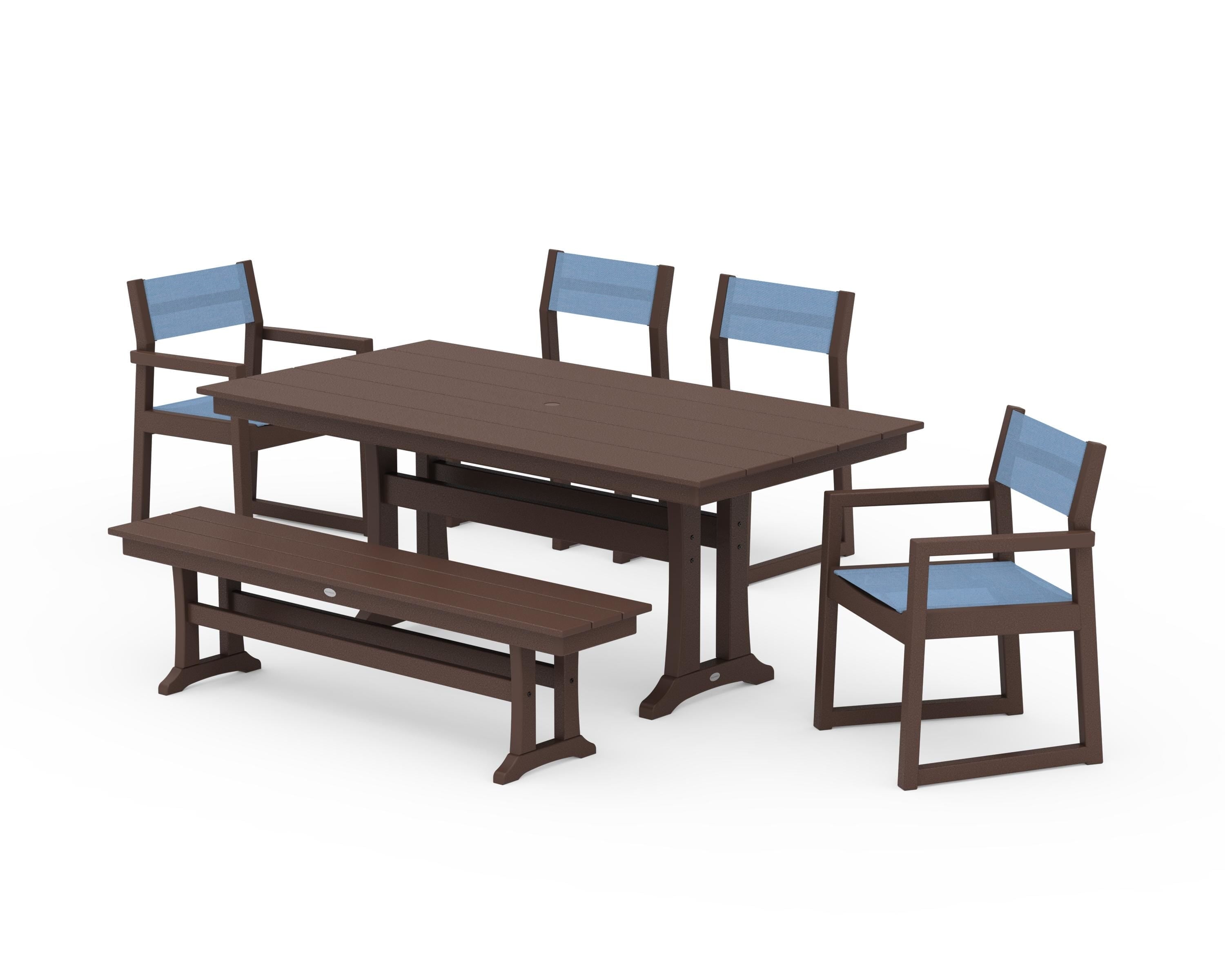 POLYWOOD® EDGE Sling 6-Piece Farmhouse Dining Set With Trestle Legs in Mahogany / Poolside Sling
