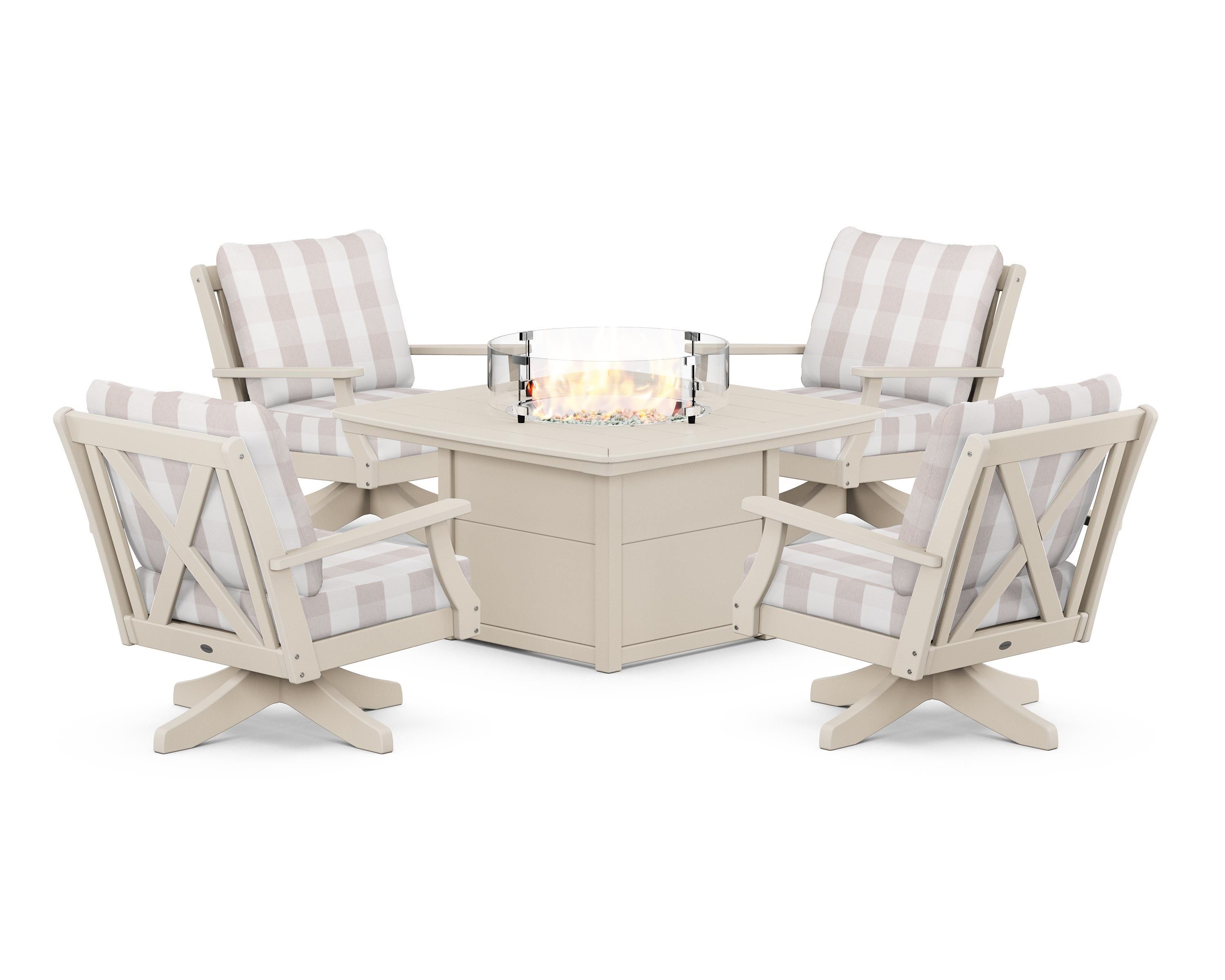 POLYWOOD® Braxton 5-Piece Deep Seating Swivel Conversation Set with Fire Pit Table in Sand / Buffalo Plaid Dune Burlap
