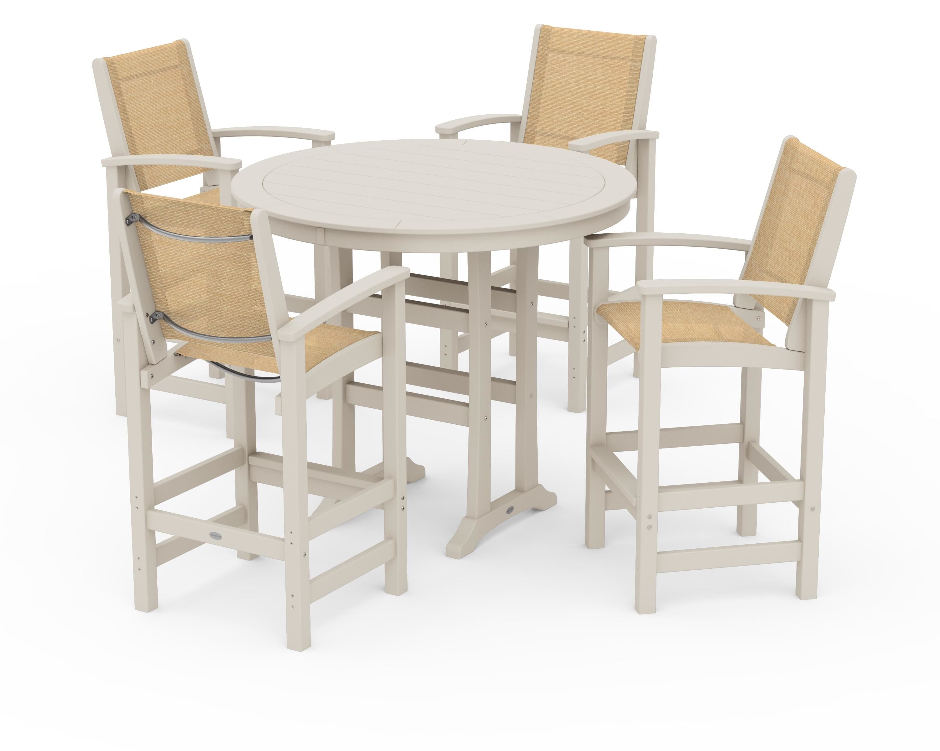 POLYWOOD® Coastal 5-Piece Nautical Trestle Bar Set in Sand / Dupioni Apricot Sling